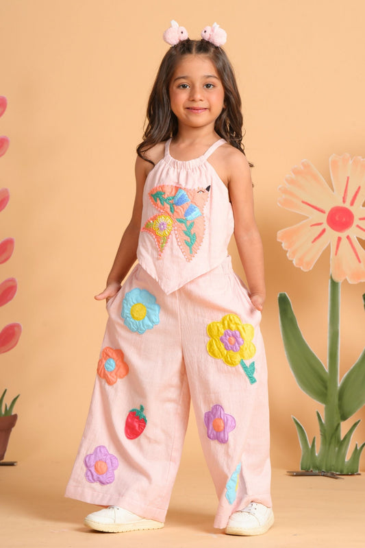 Kiki Pink Girls Embroidered Jumpsuit