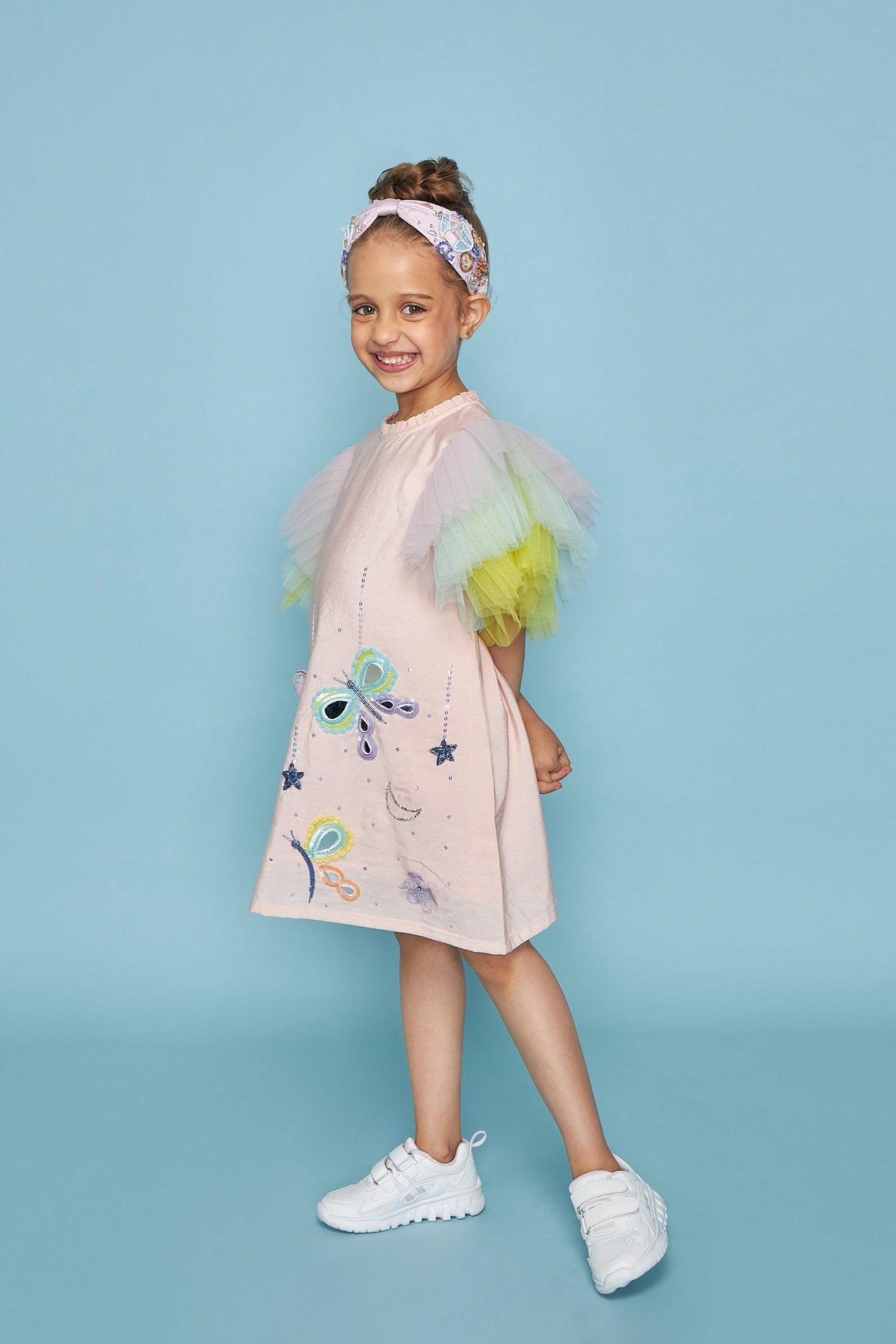 Butterfly Frill Sleeve Kids Embellished Dress Bloom