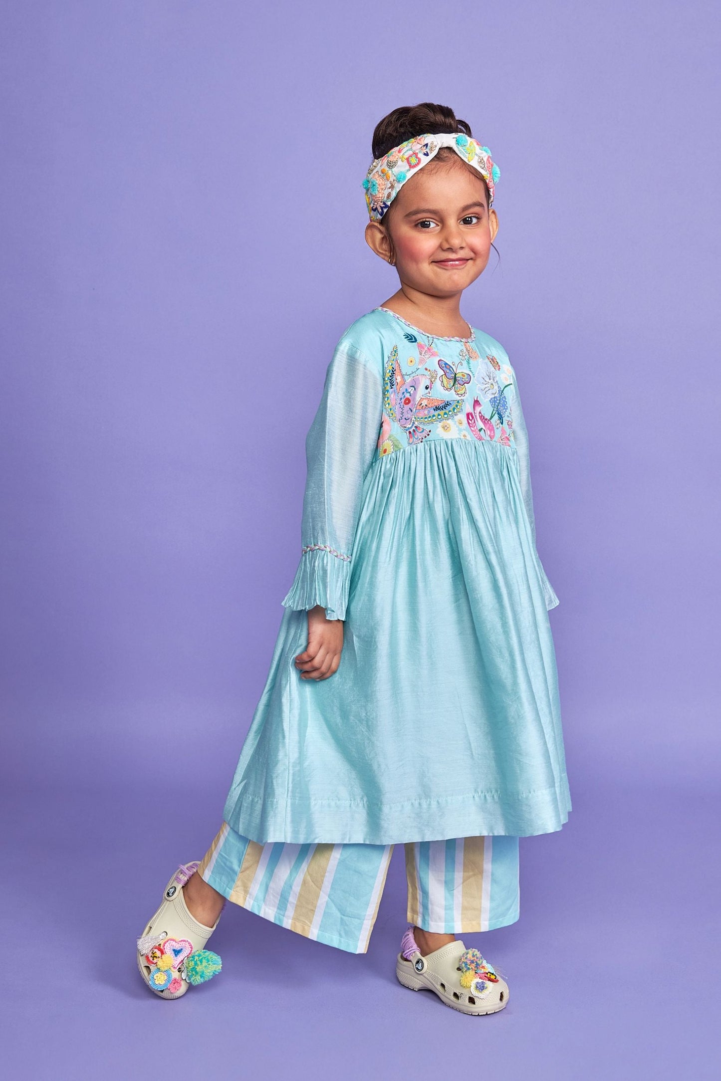 Sparrow Blue Hand Embroidered Cotton/Silk Kids Dress Co-ord Set - Joey & Pooh