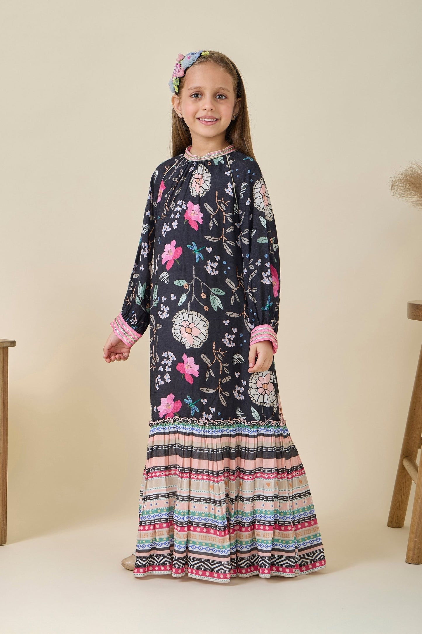 Fiona Printed Black Girls Long Dress