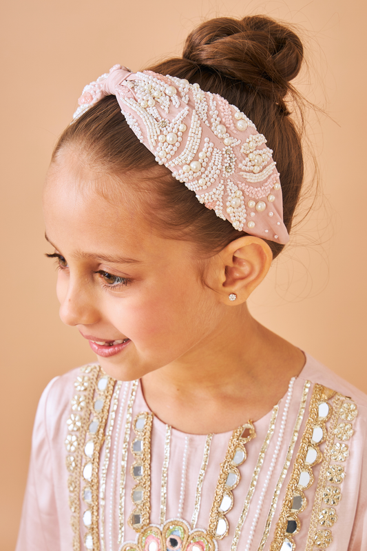 Juliette Pink Pearl Hand Embroidered Headband on kids