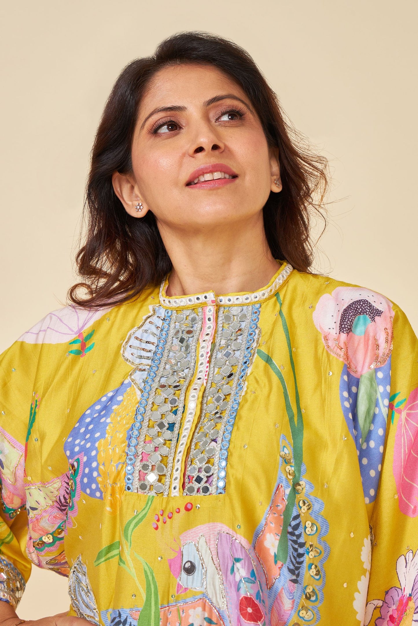 Yellow Bloom Embellished Ladies Kaftan Top And Pant  (Set Of 2)