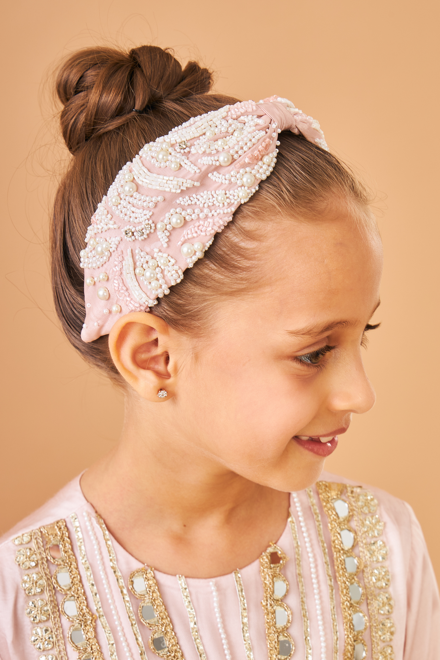 Juliette Pink Pearl Hand Embroidered Headband on kids