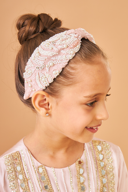 Juliette Pink Pearl Hand Embroidered Headband on kids