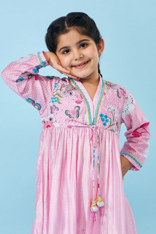 Raya Pink girls Embellished Long Kurta & Pant (Set of 2 pcs)