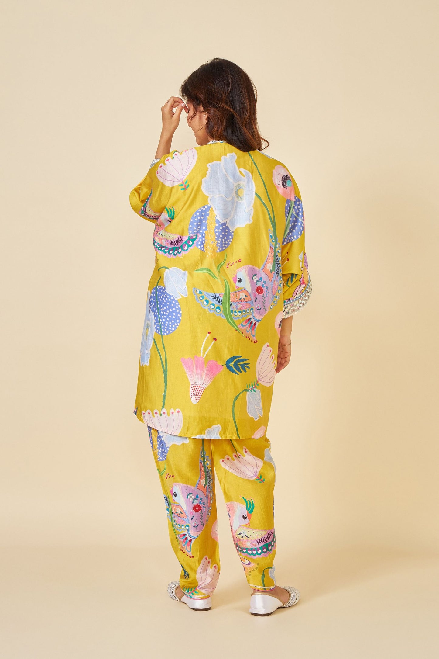 Yellow Bloom Embellished Ladies Kaftan Top And Pant  (Set Of 2)