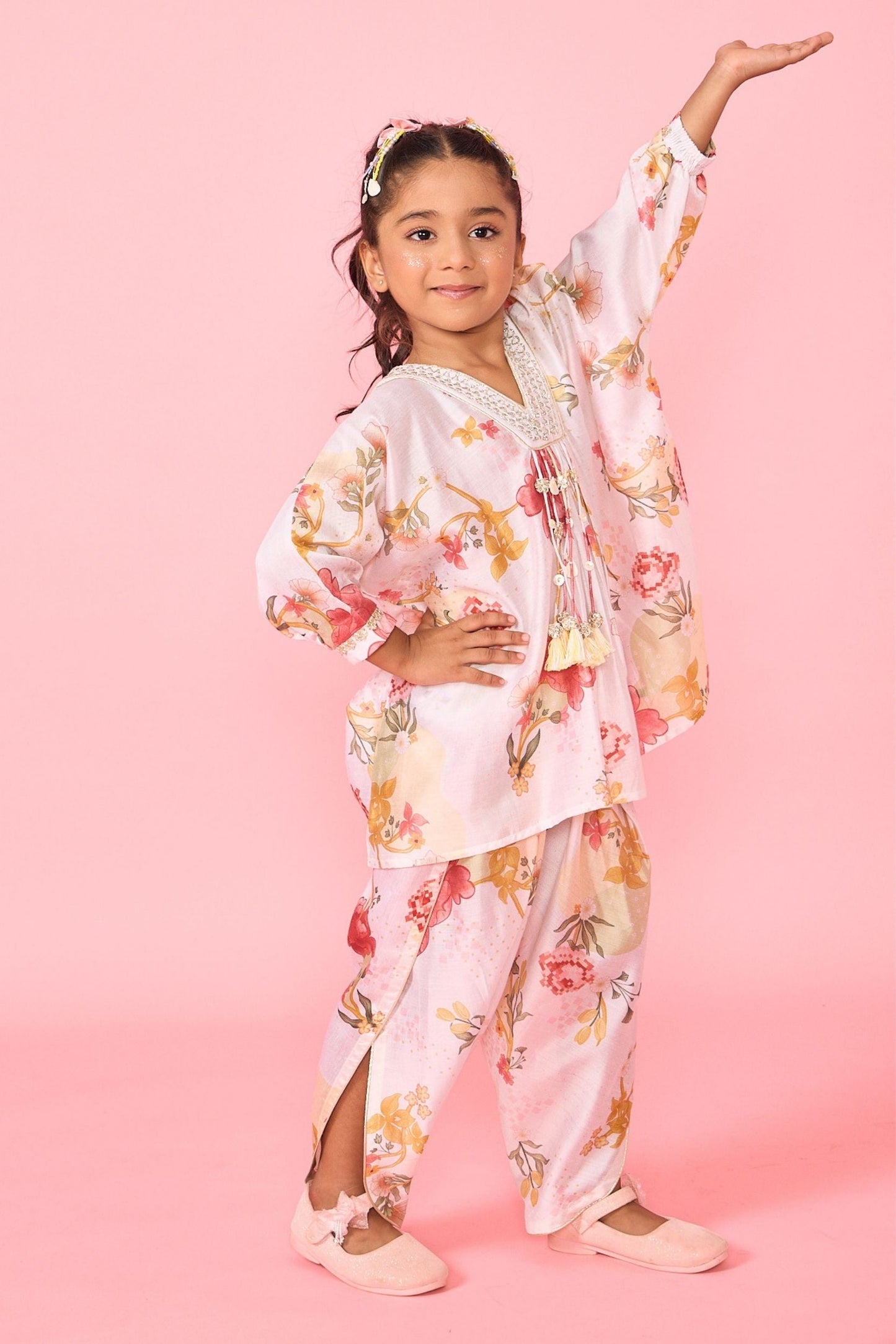 White Makrana Girls Embellished V-Neck Tunic & Trouser Coord ( 2 Pc Set)