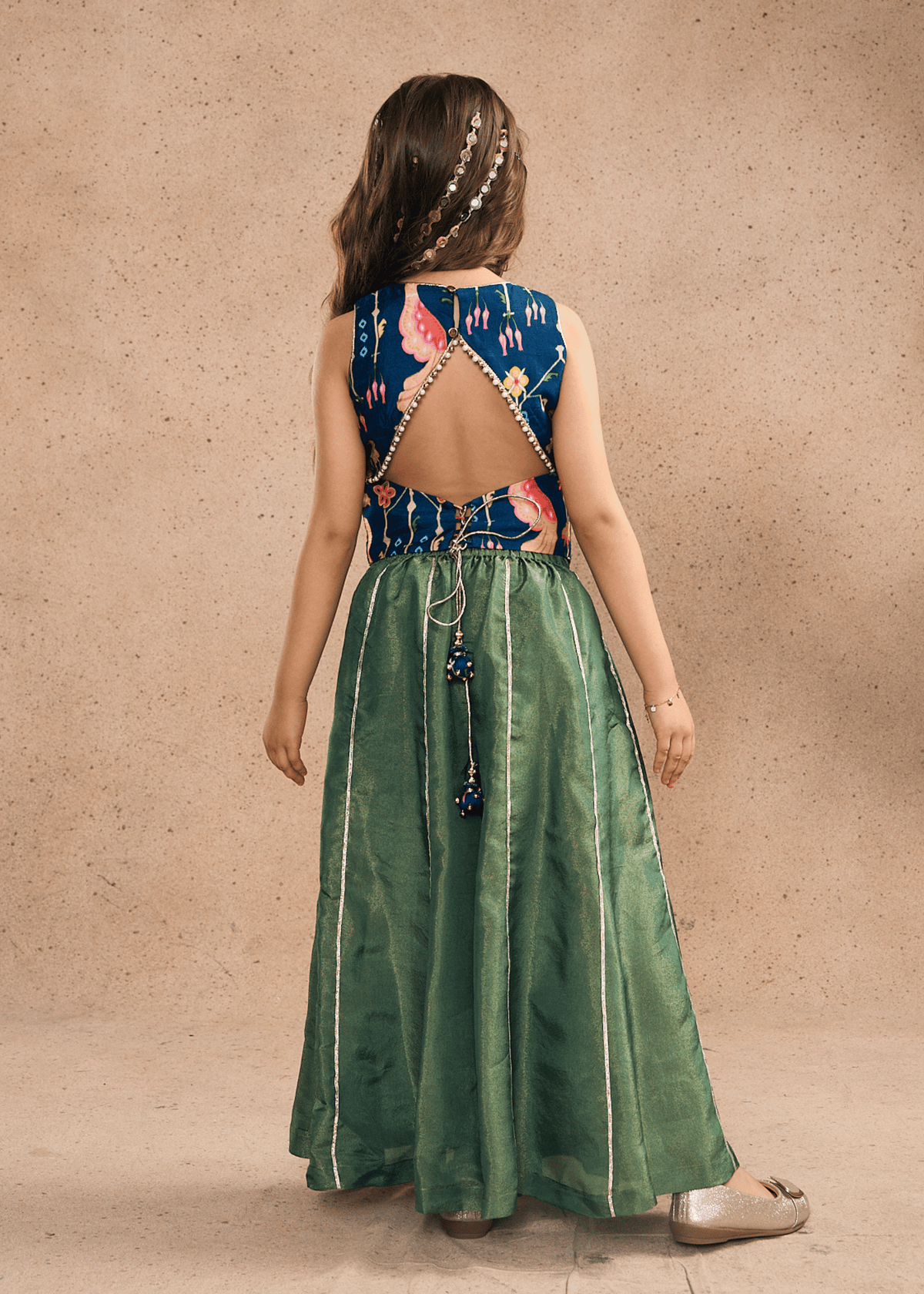 Melanie Stripe Girls Embellished Long Top, Flared Pants & Dupatta (Set of 3 pcs)