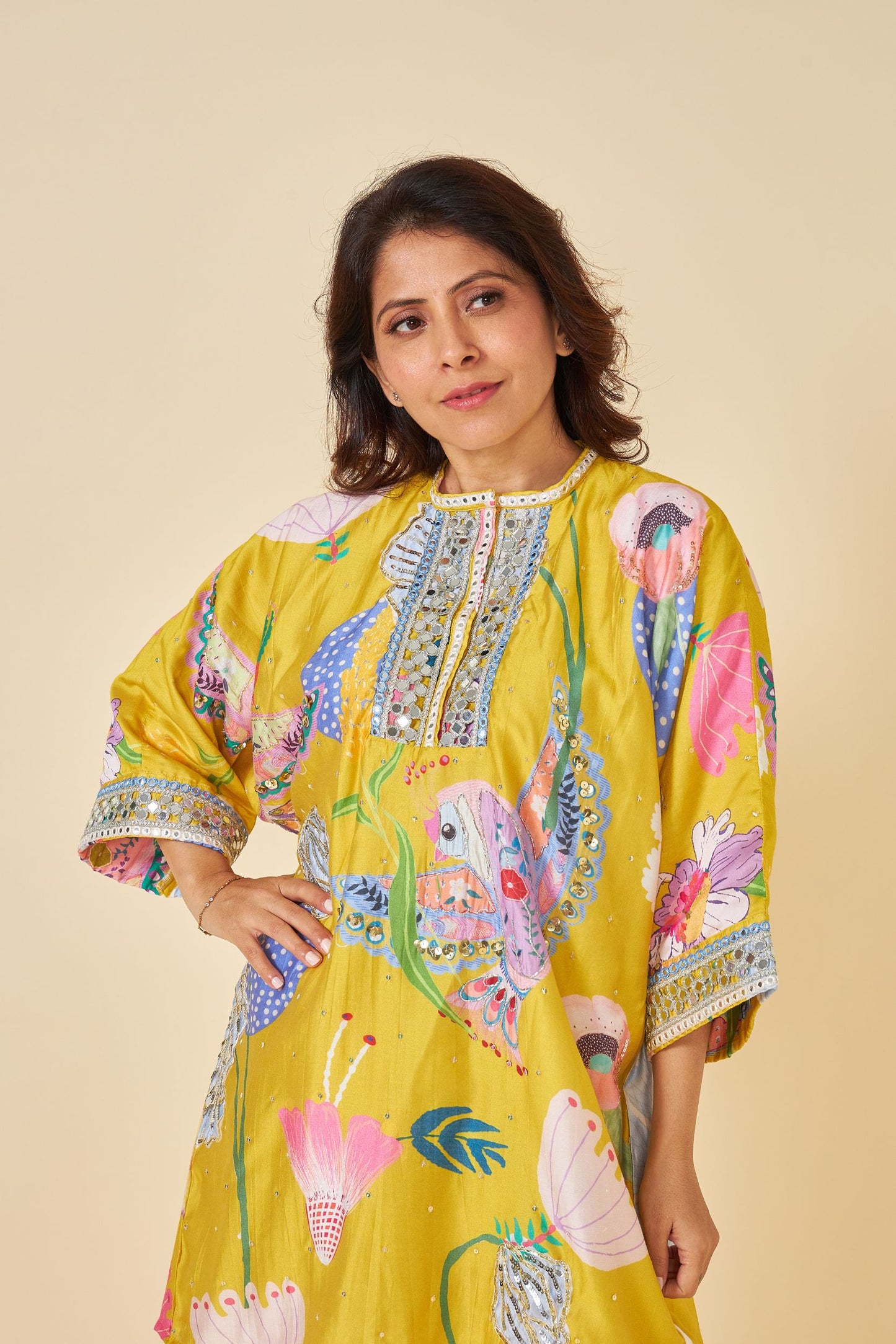 Yellow Bloom Embellished Ladies Kaftan Top And Pant  (Set Of 2)