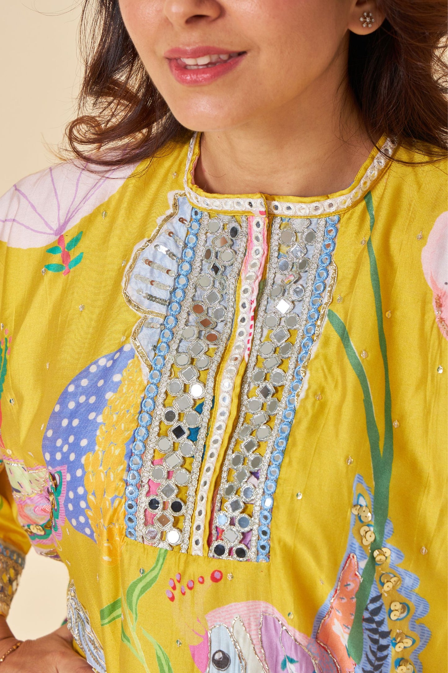 Yellow Bloom Embellished Ladies Kaftan Top And Pant  (Set Of 2)