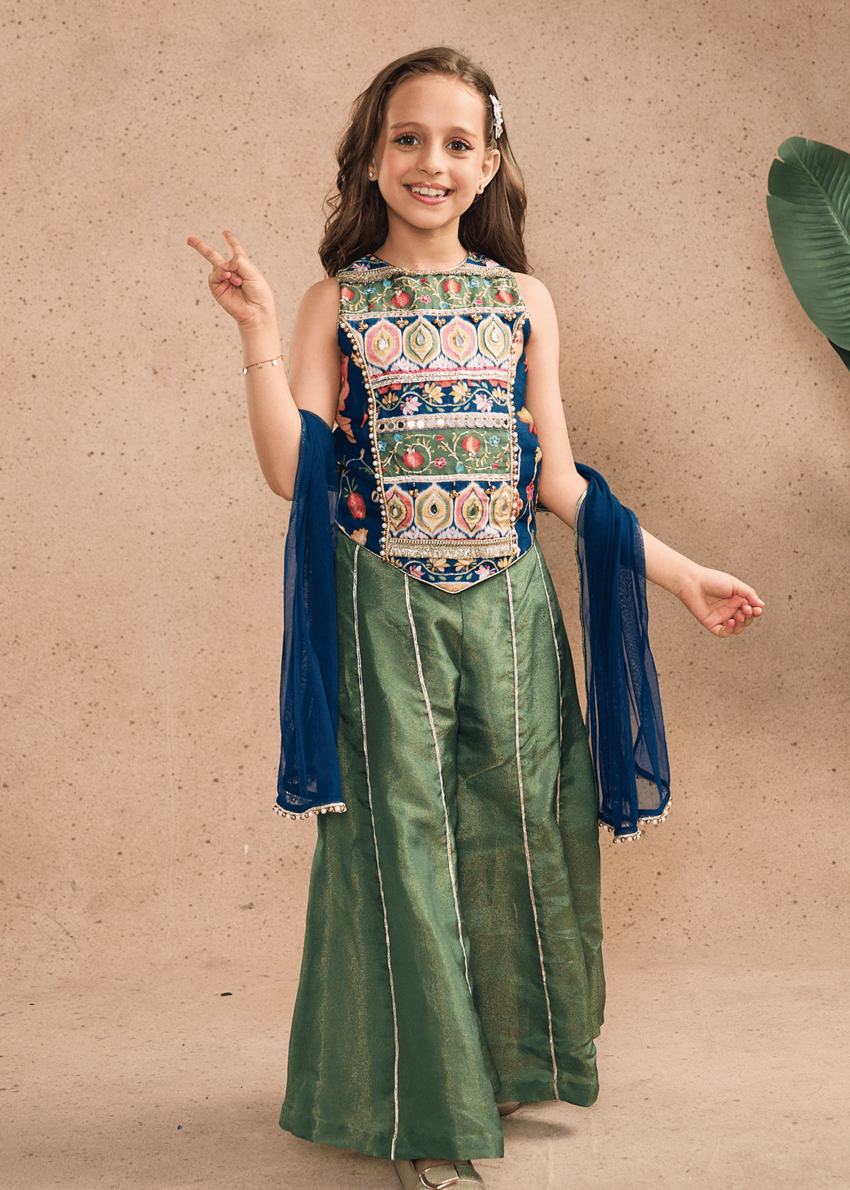 Melanie Stripe Girls Embellished Long Top, Flared Pants & Dupatta (Set of 3 pcs)