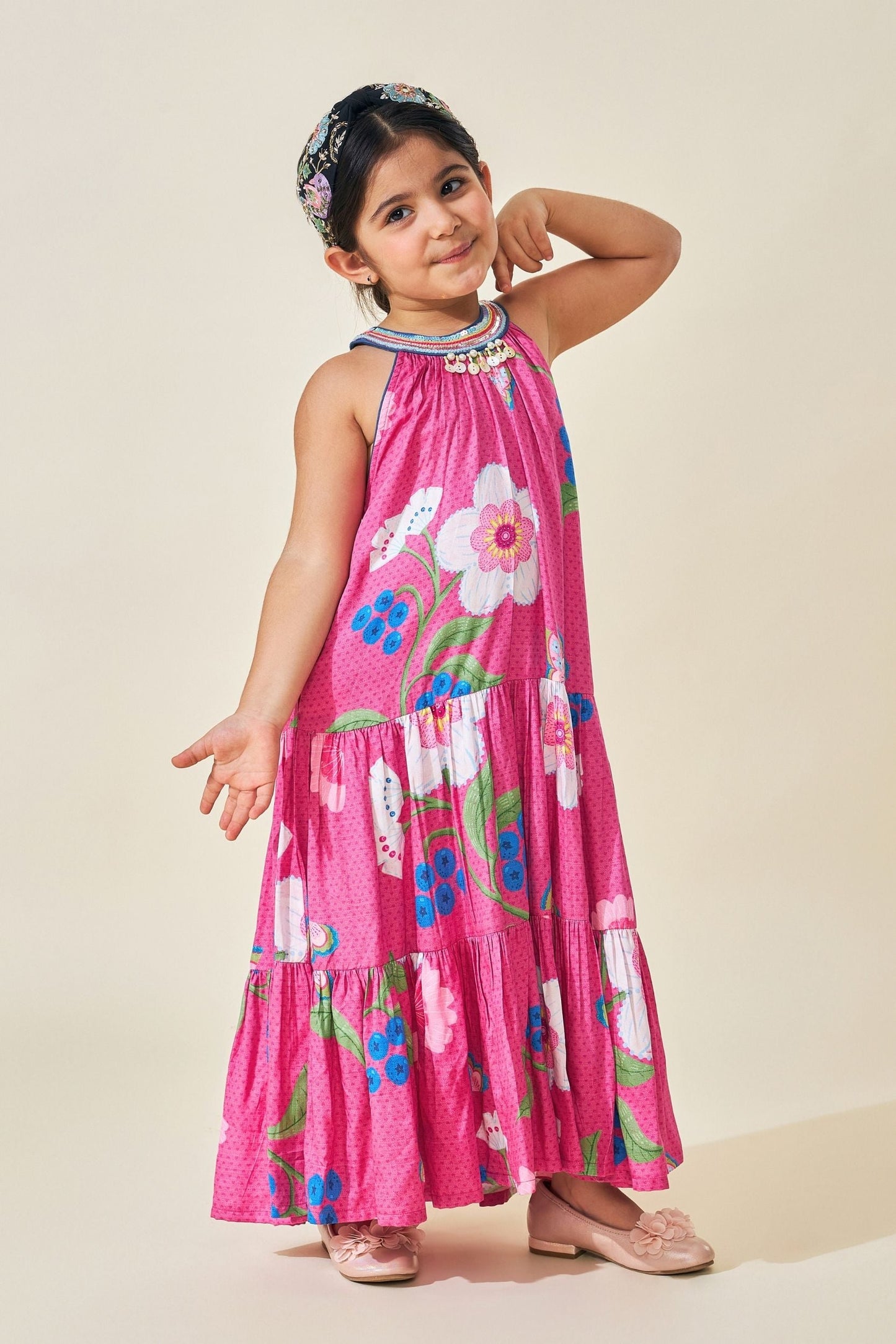 Rumi Plum Girls Printed Tiered Long Dress