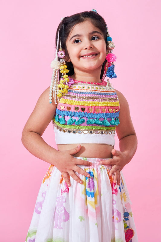 Mae Girls Embellished Crop Top Lehenga & Dupatta (Set Of 3pcs)