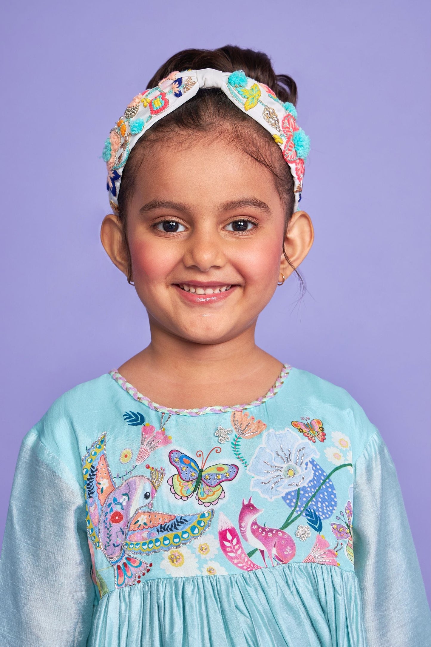 Sparrow Blue Hand Embroidered Cotton/Silk Kids Dress Co-ord Set - Joey & Pooh