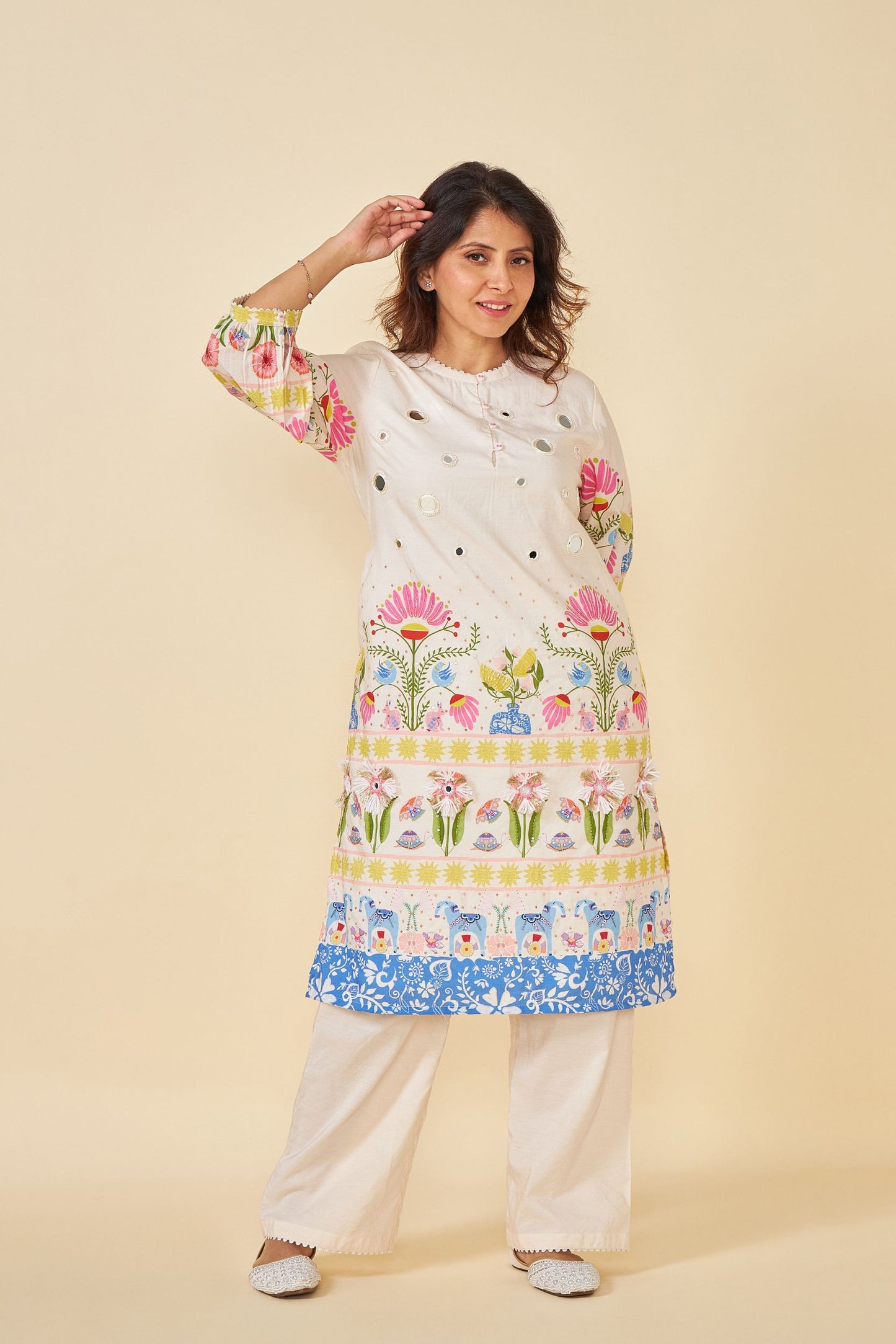Dala Embellished Ladies Long Top And Pant & Stole (Set Of 3)