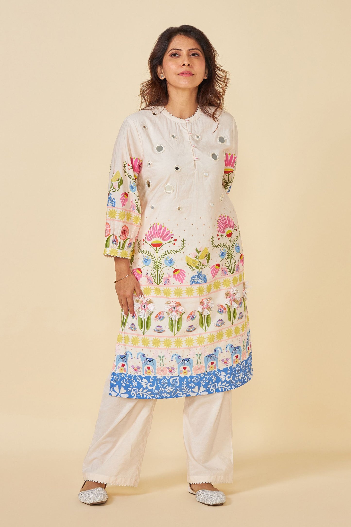 Dala Embellished Ladies Long Top And Pant & Stole (Set Of 3)
