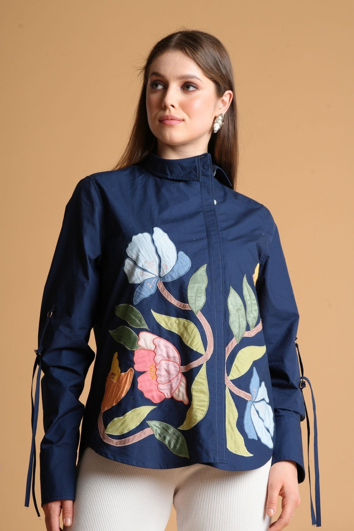 Navy Blue Patchwork Women'S Shirt