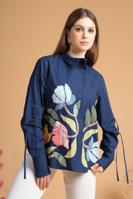 Navy Blue Patchwork Women'S Shirt