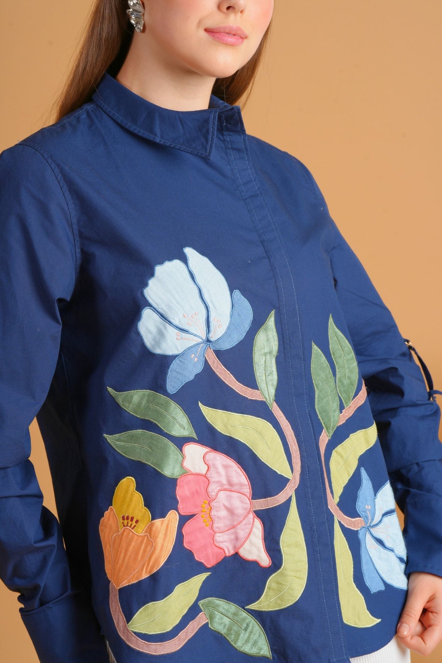 Navy Blue Patchwork Women'S Shirt
