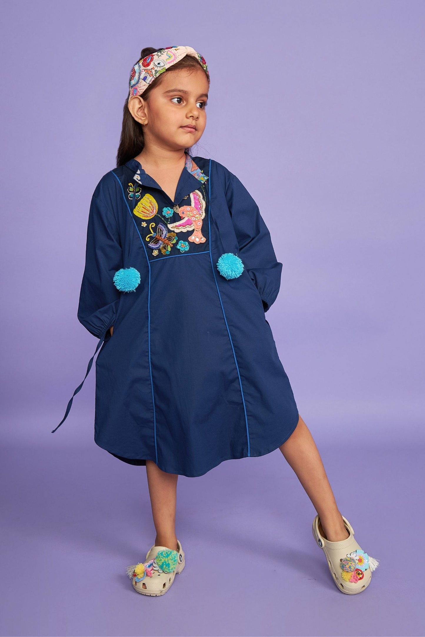 Mad Maze Hand Embroidered Kids Blue Cotton Dress - Joey & Pooh