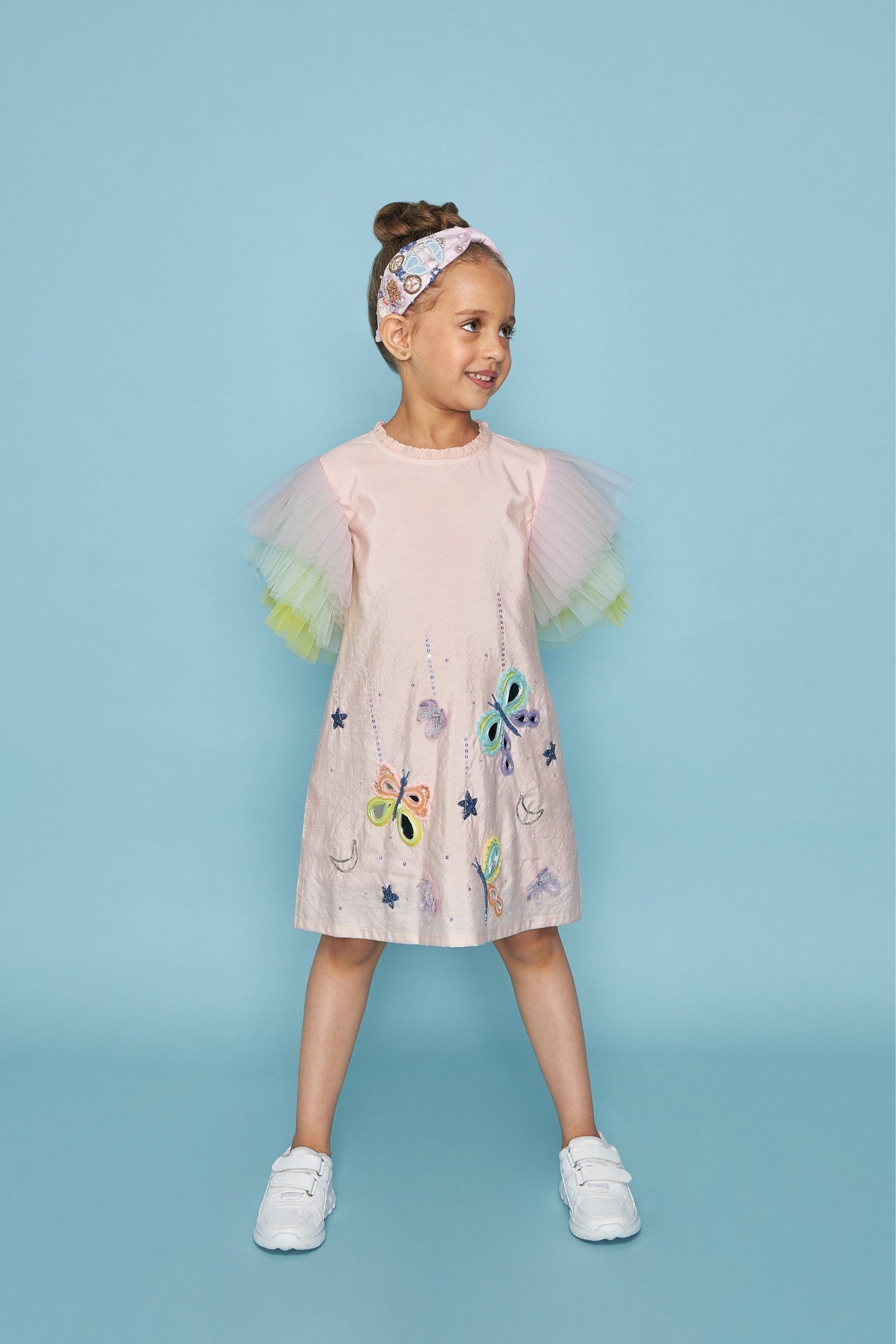 Butterfly Frill Sleeve Kids Embellished Dress Bloom