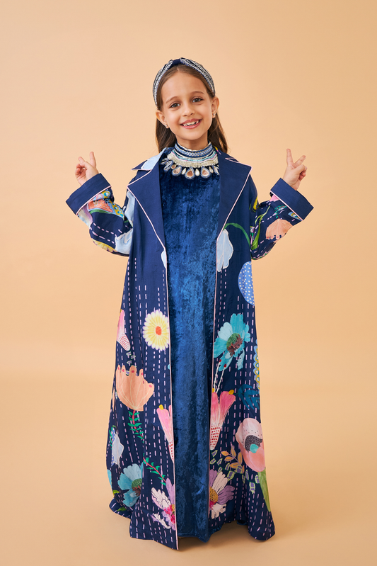 Sparrow Navy Girls Coat with Velvet Long Dress ( set of 2 pcs)