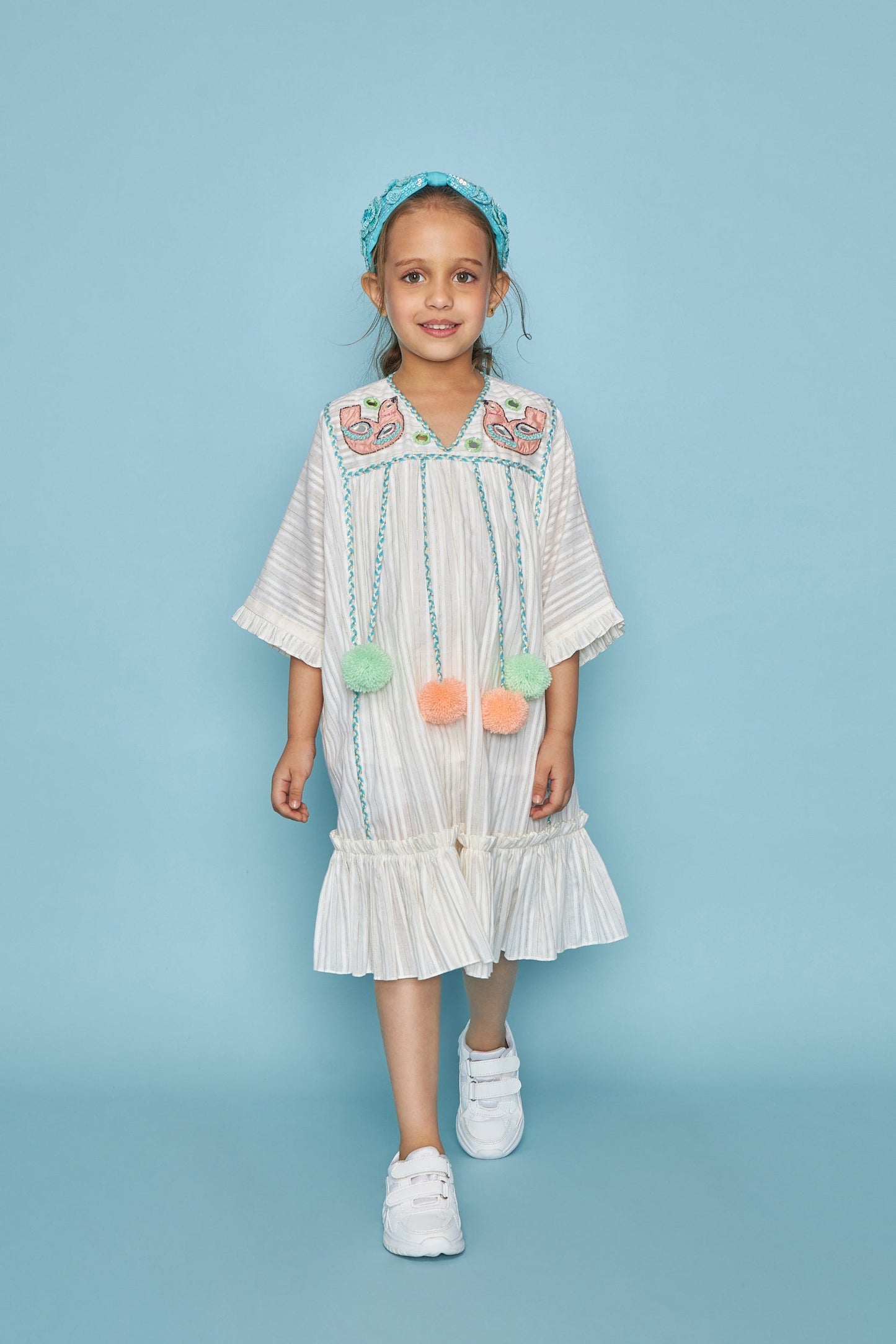 Off White Blooma  Birdie Kids Hand Embellished Pompom Dress - Joey & Pooh