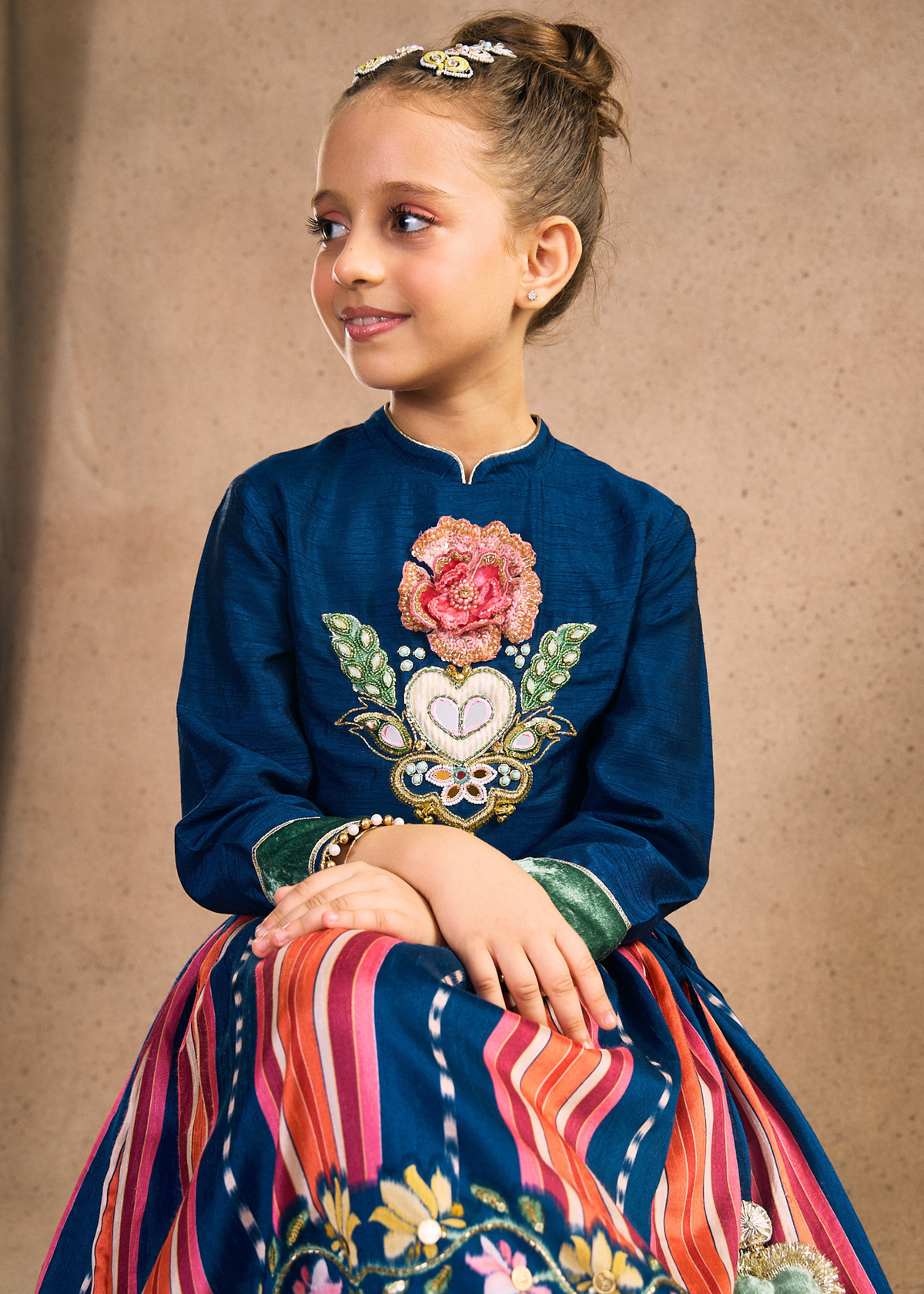 Dalia Navy Girls Embellished Full Sleeves Top, Skirt & Dupatta (Set of 3 pcs)
