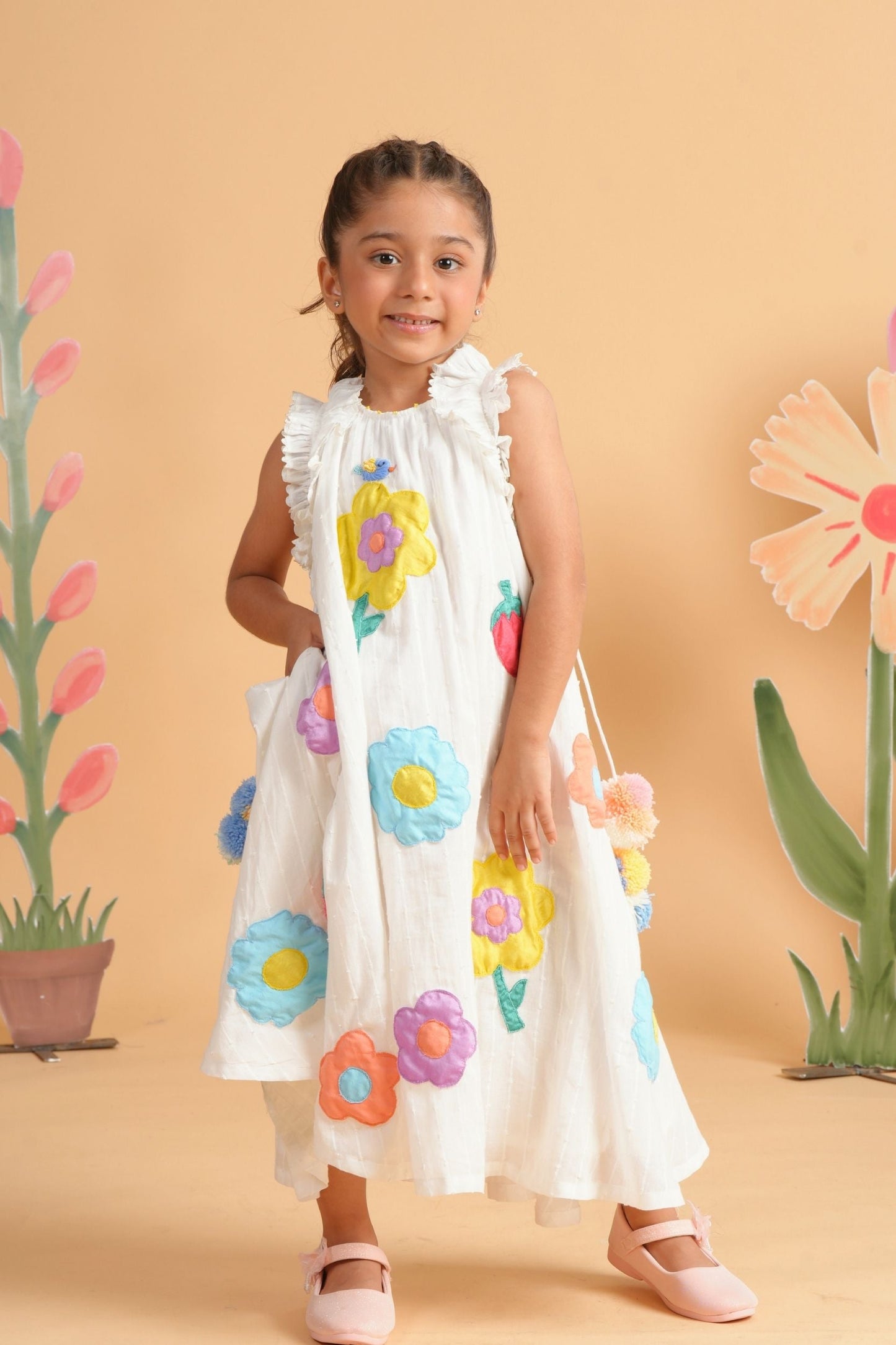 Kiki White Girls Embroidered Flared Dress