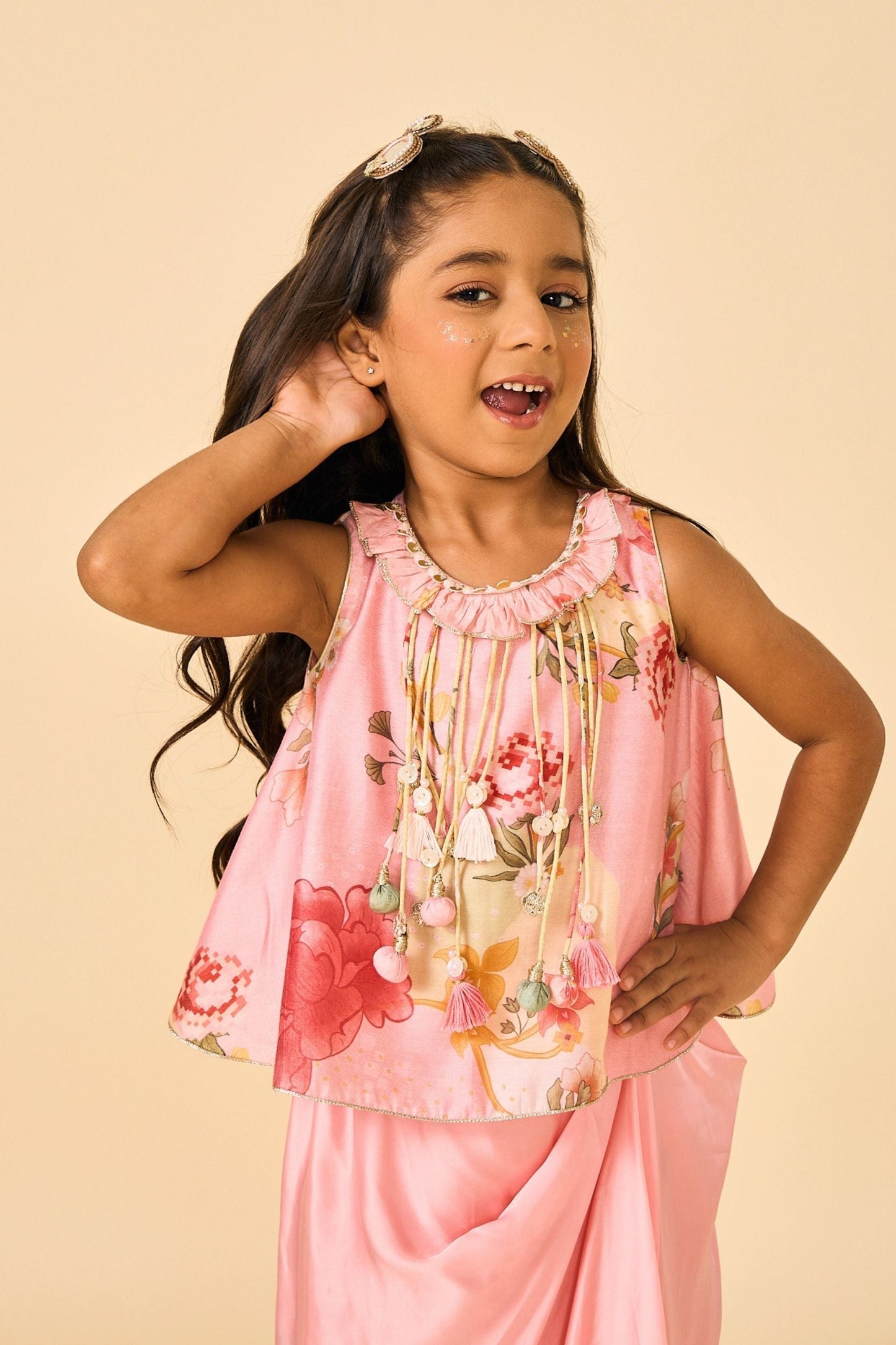 Rose Jaipur Girls Embellished Fringe Top & drape skirt Coord ( 2 Pc Set)