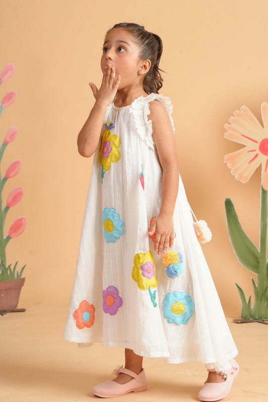 Kiki White Girls Embroidered Flared Dress