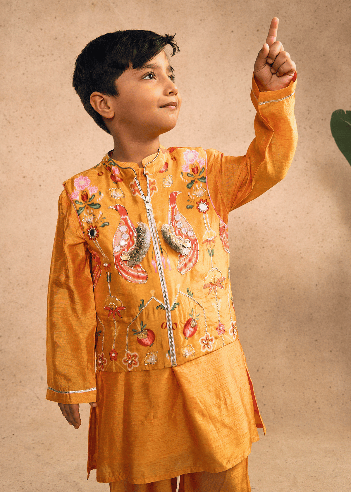 Nella Orange Boys Embellished Bundi with Kurta Set (Set of 3 pcs)
