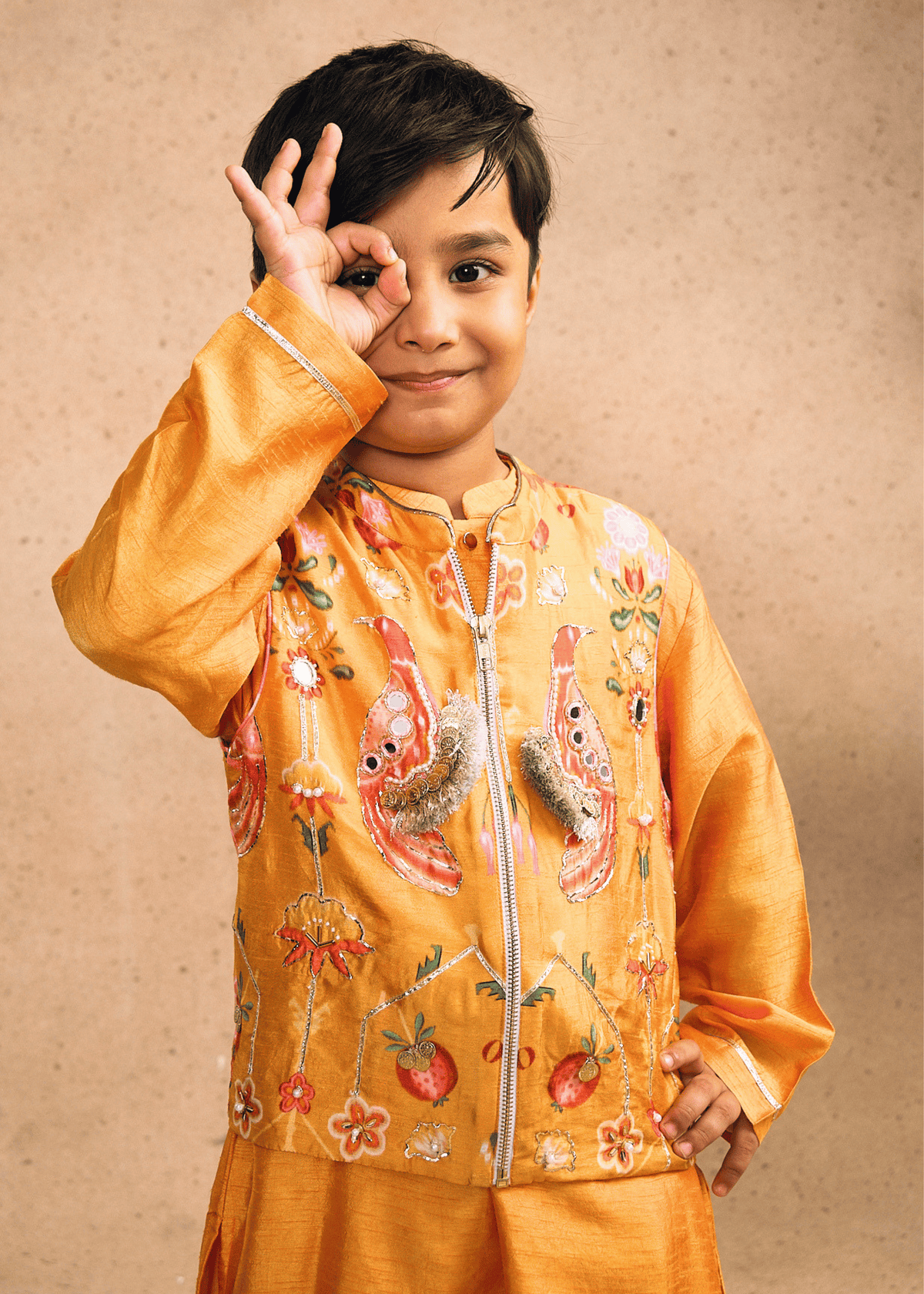 Nella Orange Boys Embellished Bundi with Kurta Set (Set of 3 pcs)