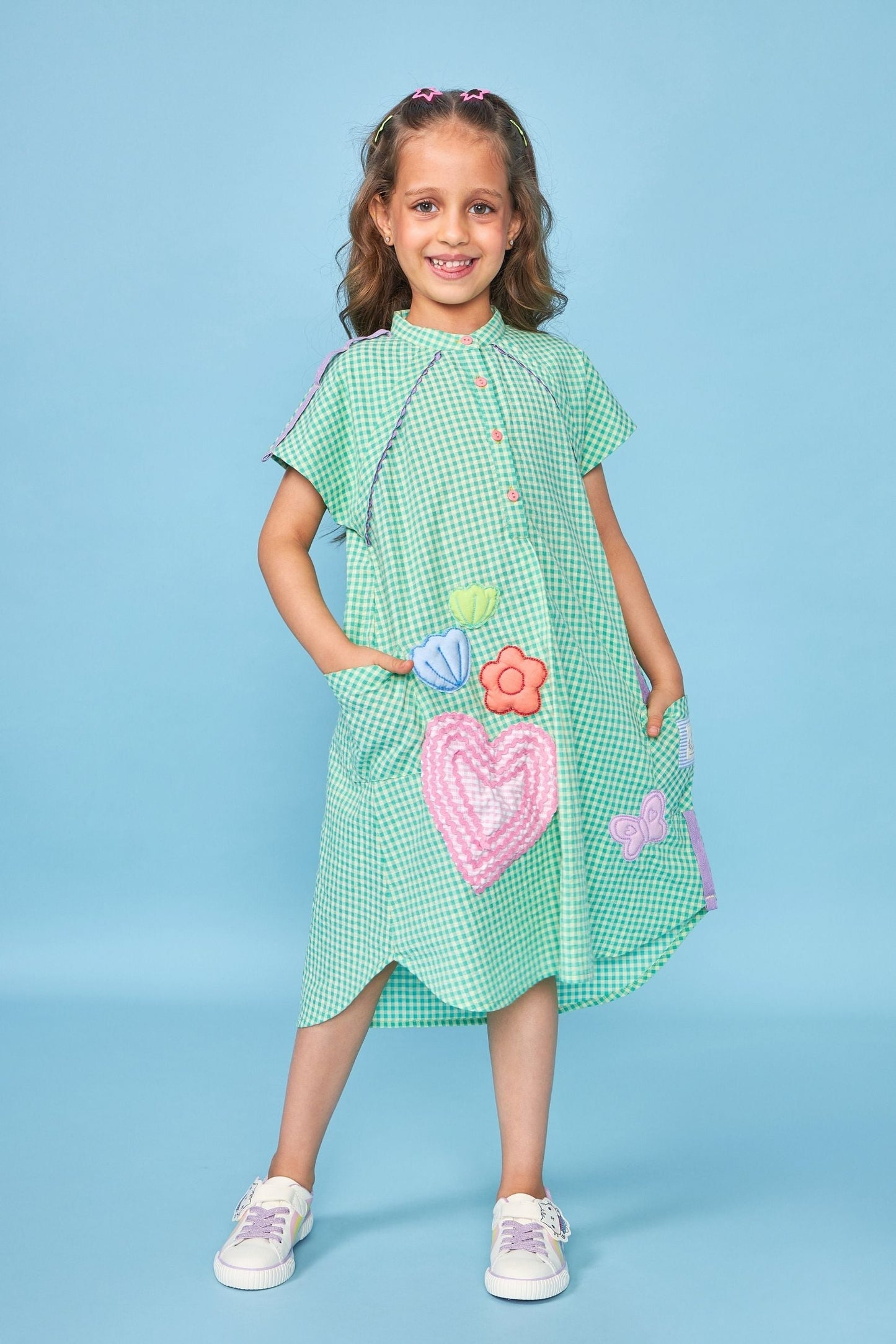 Green Gingham Embroidered Kids Shirt Dress
