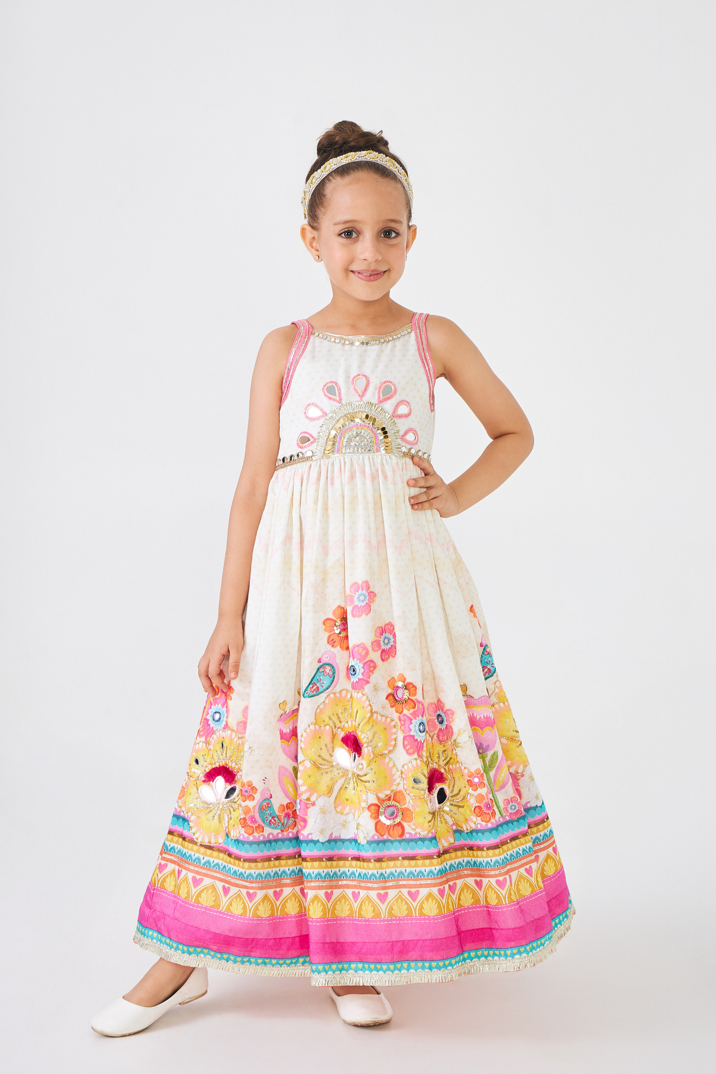 Freya Mustard Embellished Girls Long Dress With Jacket (Set of 2 Pcs)