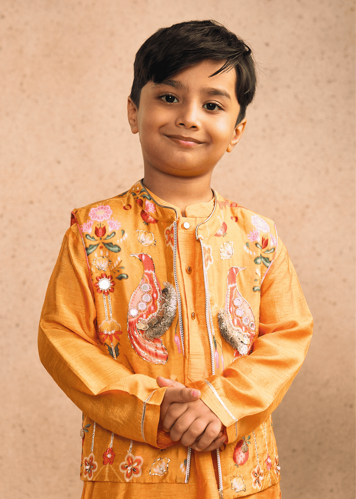 Nella Orange Boys Embellished Bundi with Kurta Set (Set of 3 pcs)