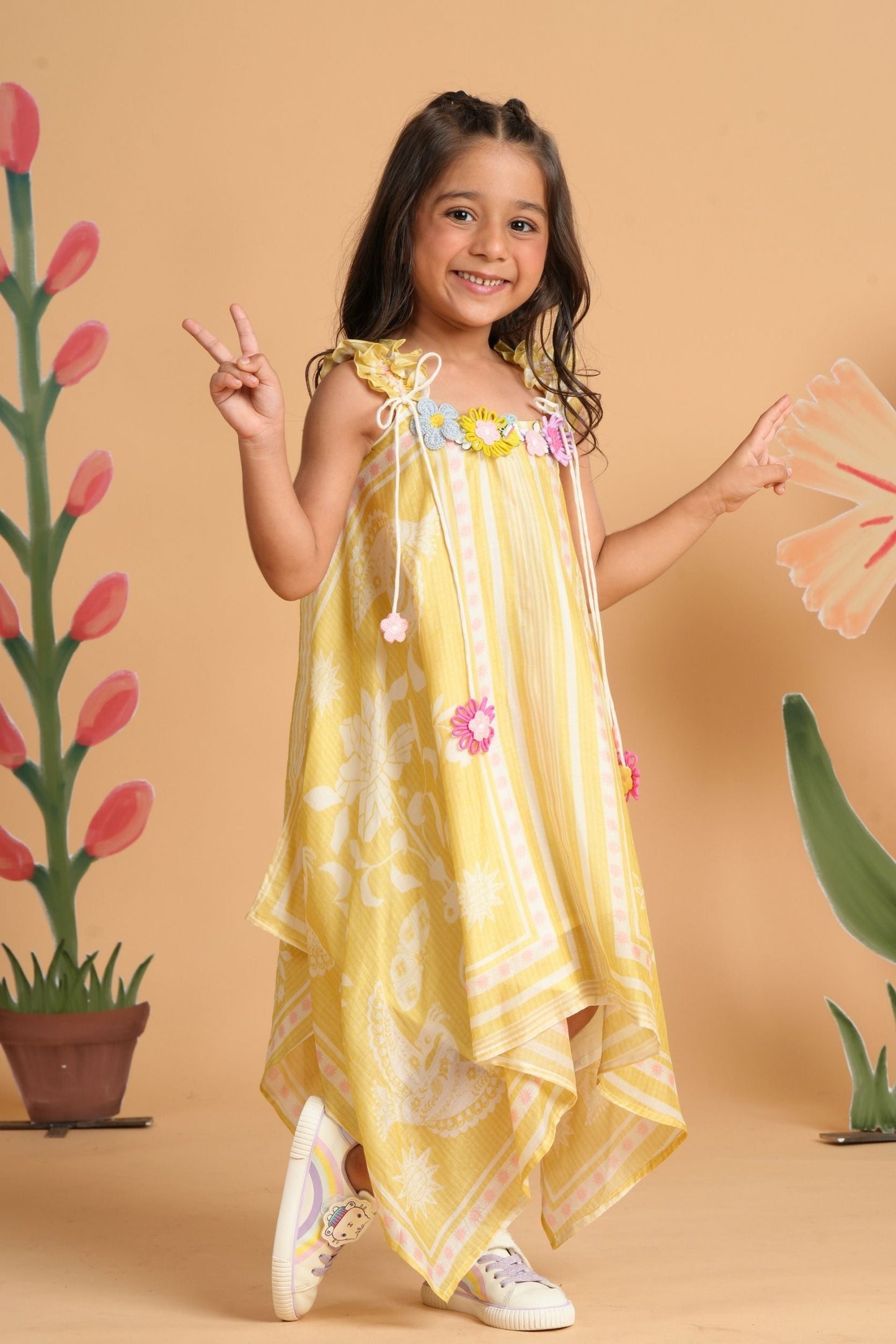 Nola Yellow Girls Embellished Handkerchief Dress
