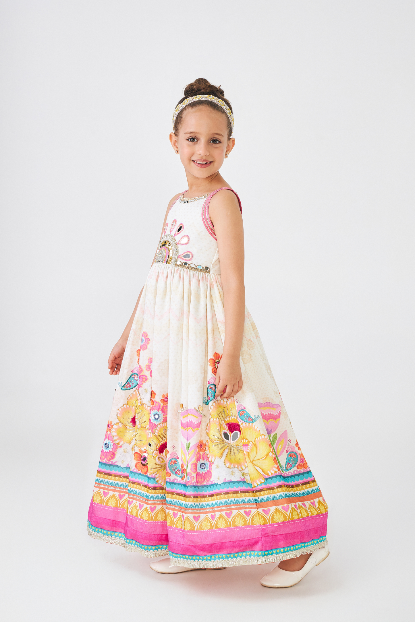 Freya Mustard Embellished Girls Long Dress With Jacket (Set of 2 Pcs)