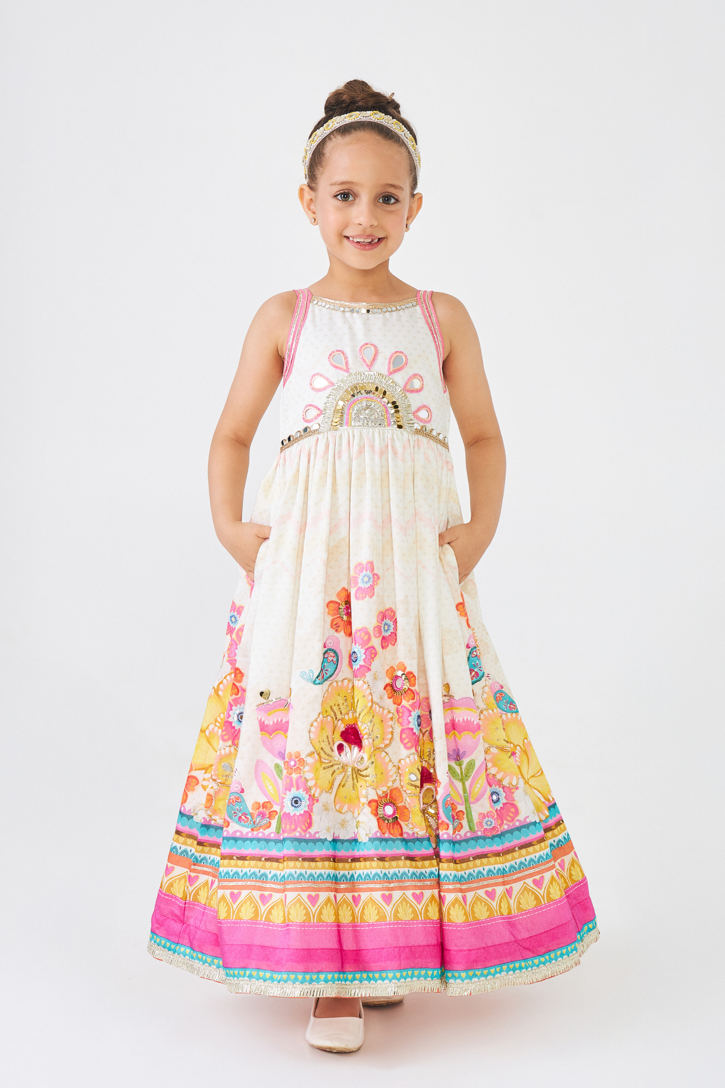 Freya Mustard Embellished Girls Long Dress With Jacket (Set of 2 Pcs)