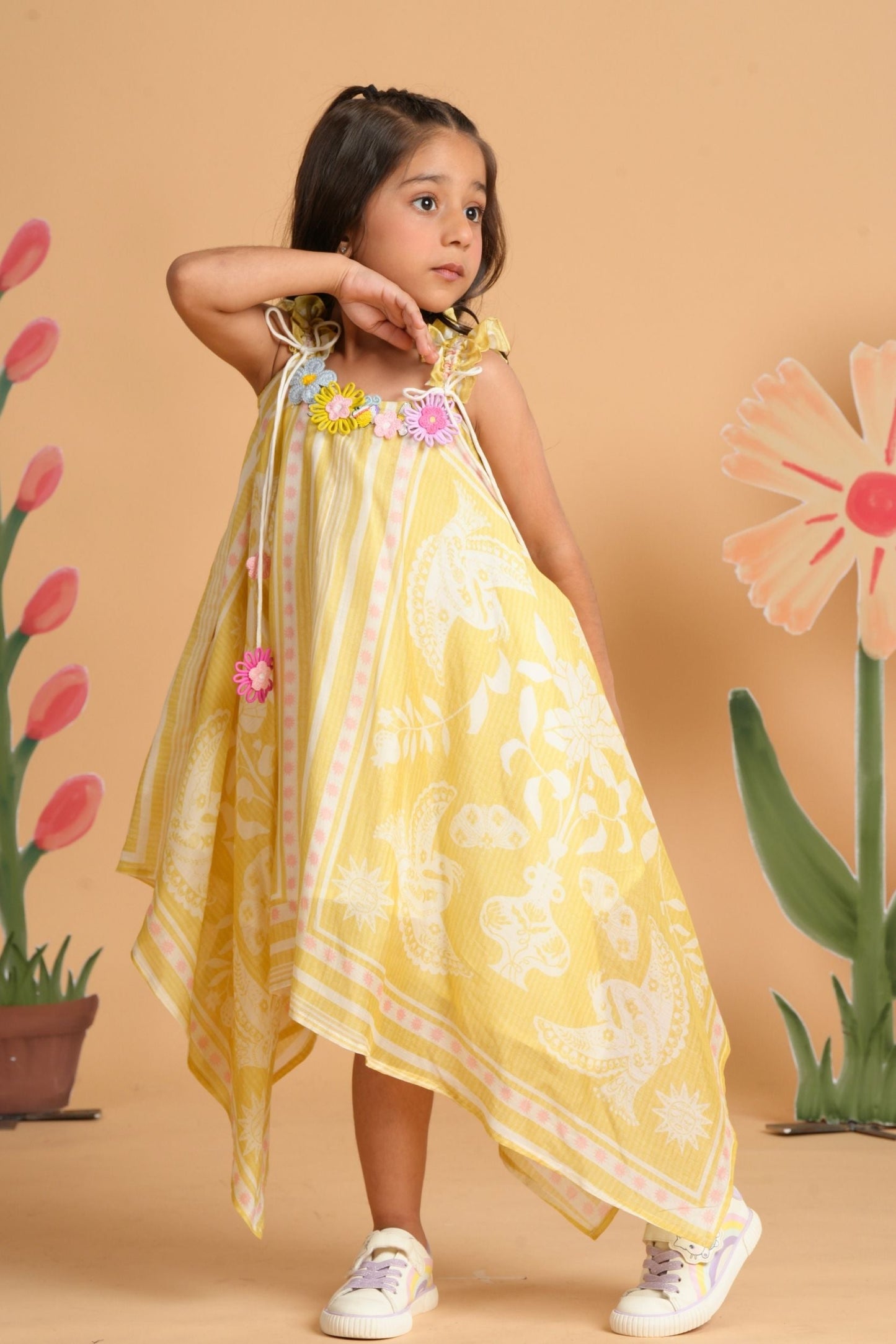 Nola Yellow Girls Embellished Handkerchief Dress