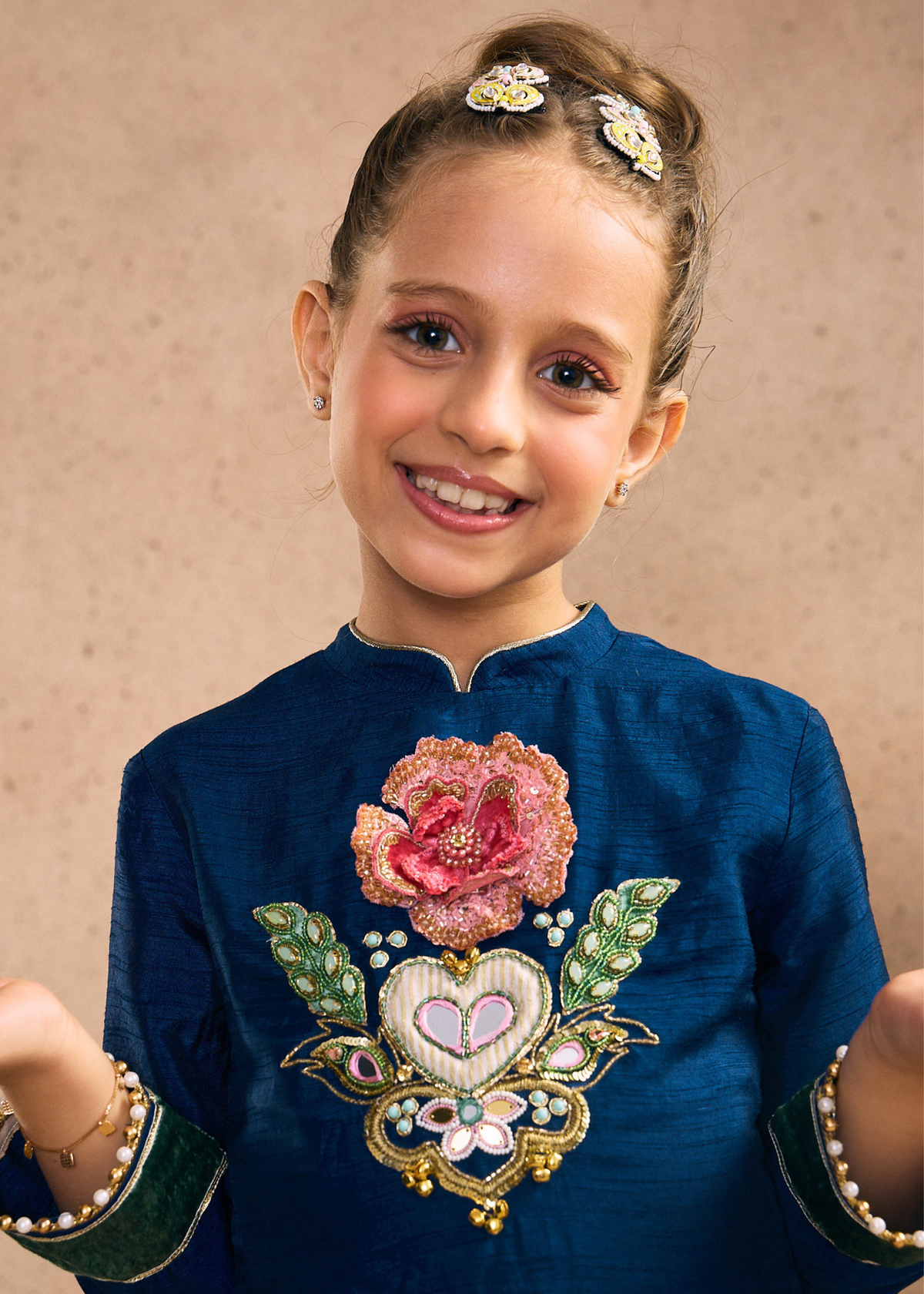 Dalia Navy Girls Embellished Full Sleeves Top, Skirt & Dupatta (Set of 3 pcs)