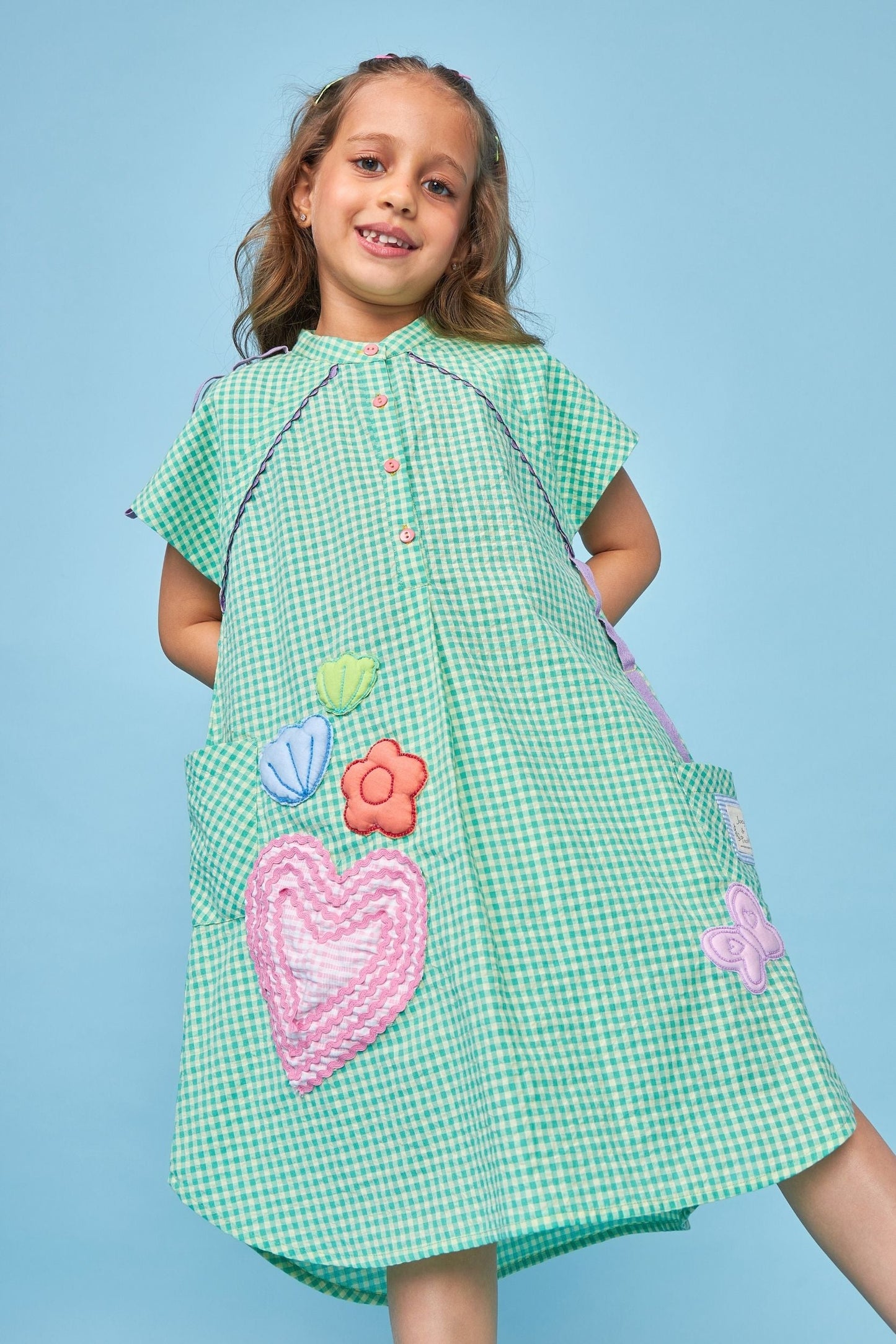 Green Gingham Embroidered Kids Shirt Dress
