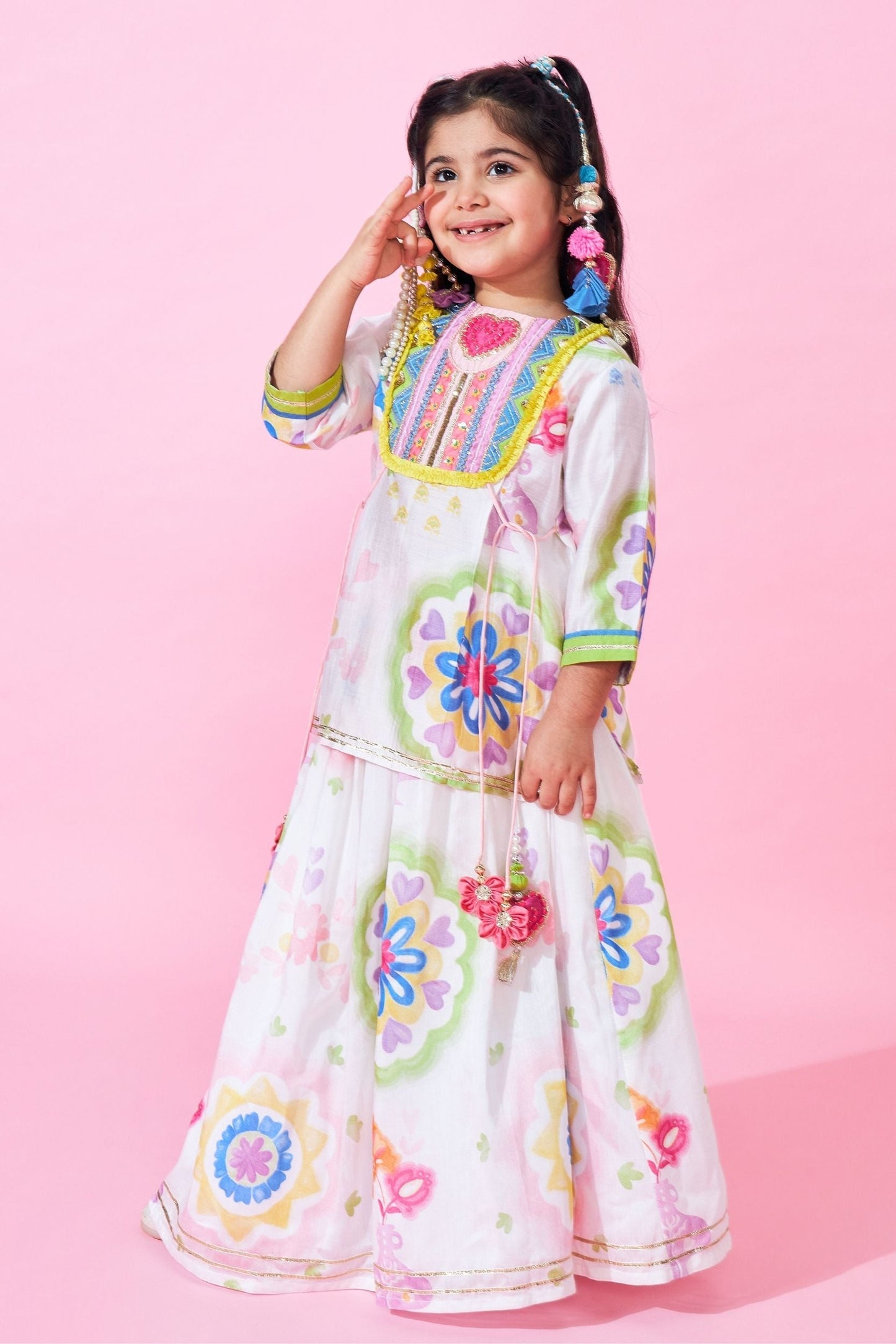 Mae Girls Embellished Long top & lehenga with dupatta ( Set Of 3pcs )