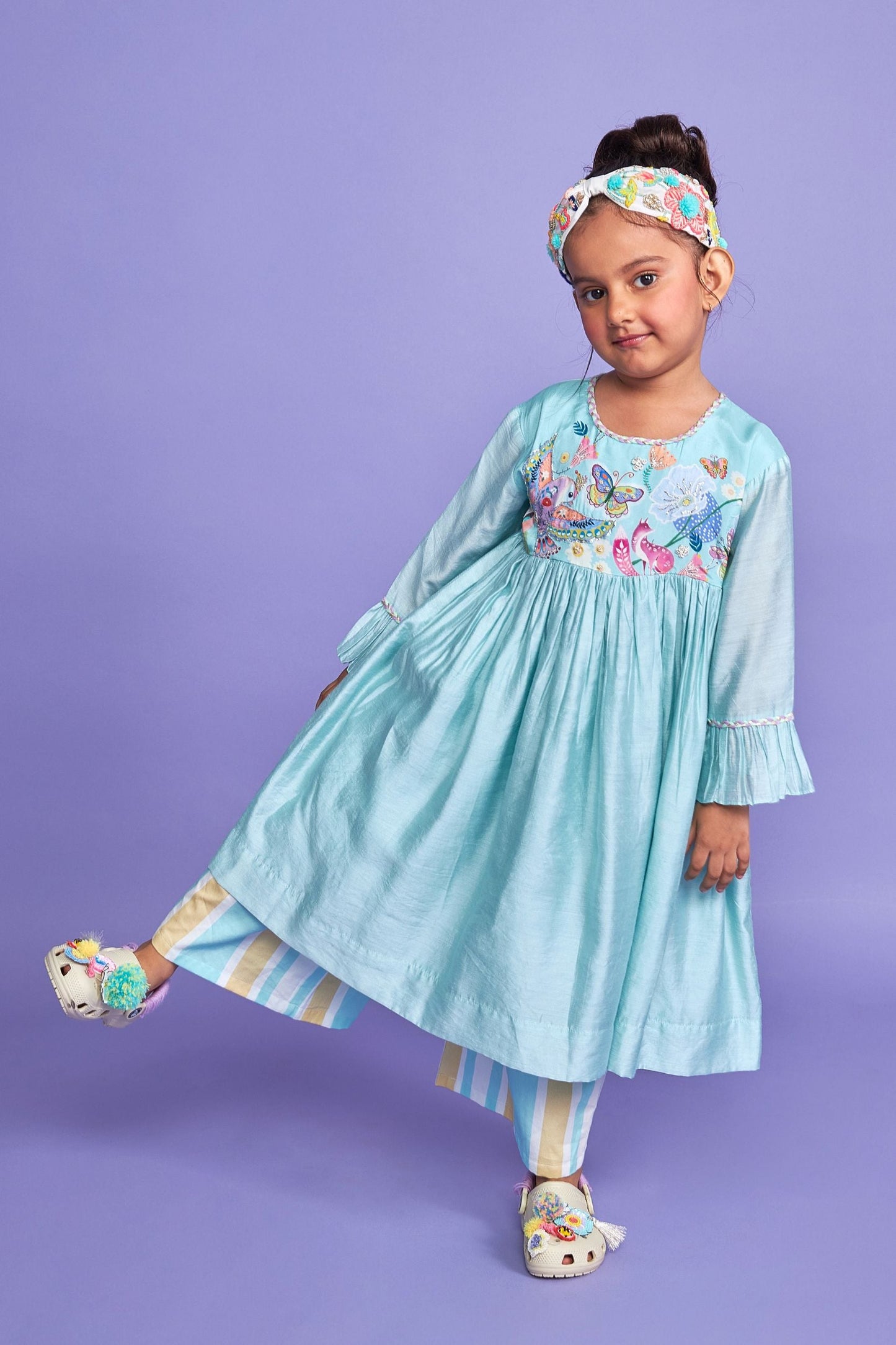 Sparrow Blue Hand Embroidered Cotton/Silk Kids Dress Co-ord Set - Joey & Pooh