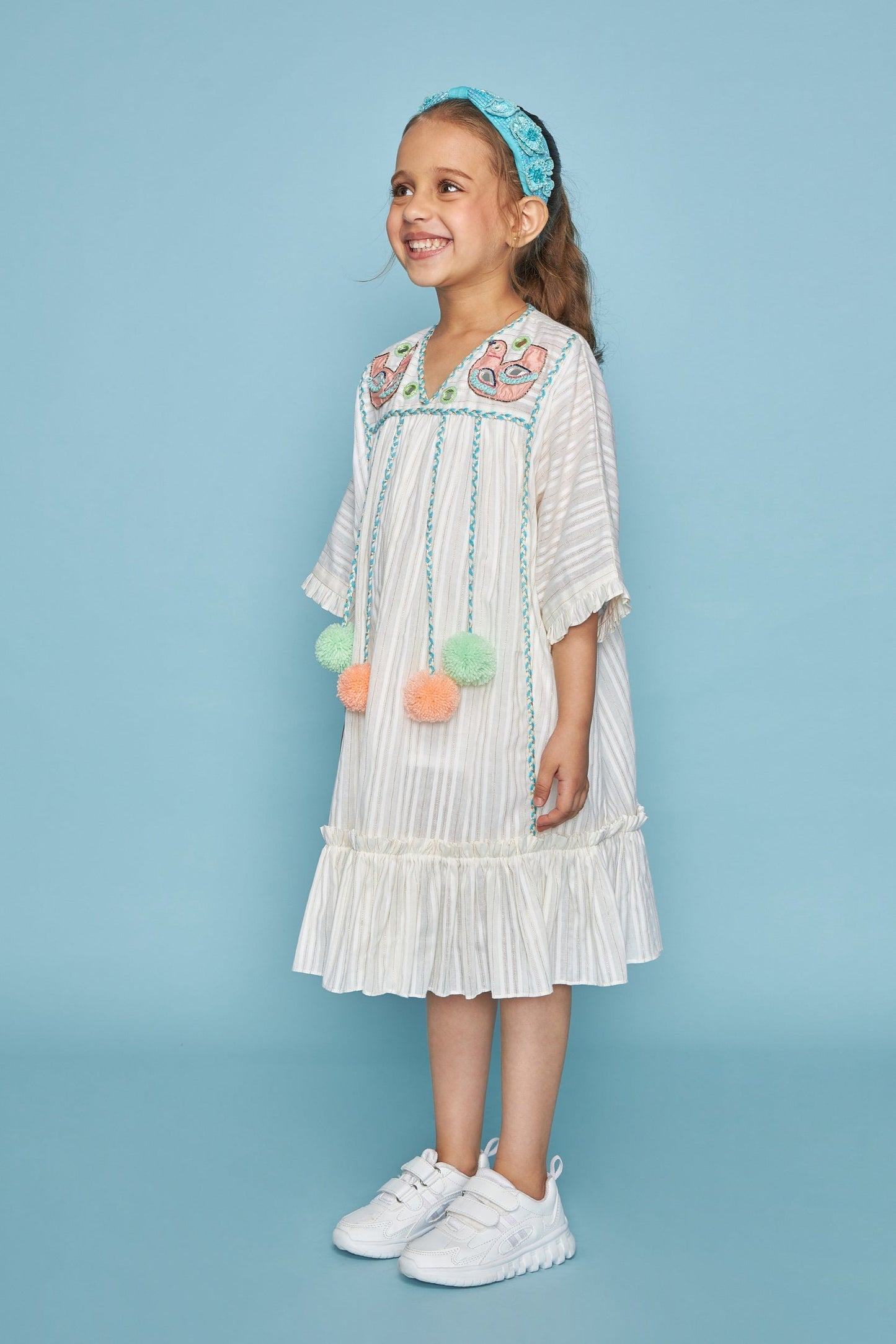 Off White Blooma  Birdie Kids Hand Embellished Pompom Dress - Joey & Pooh