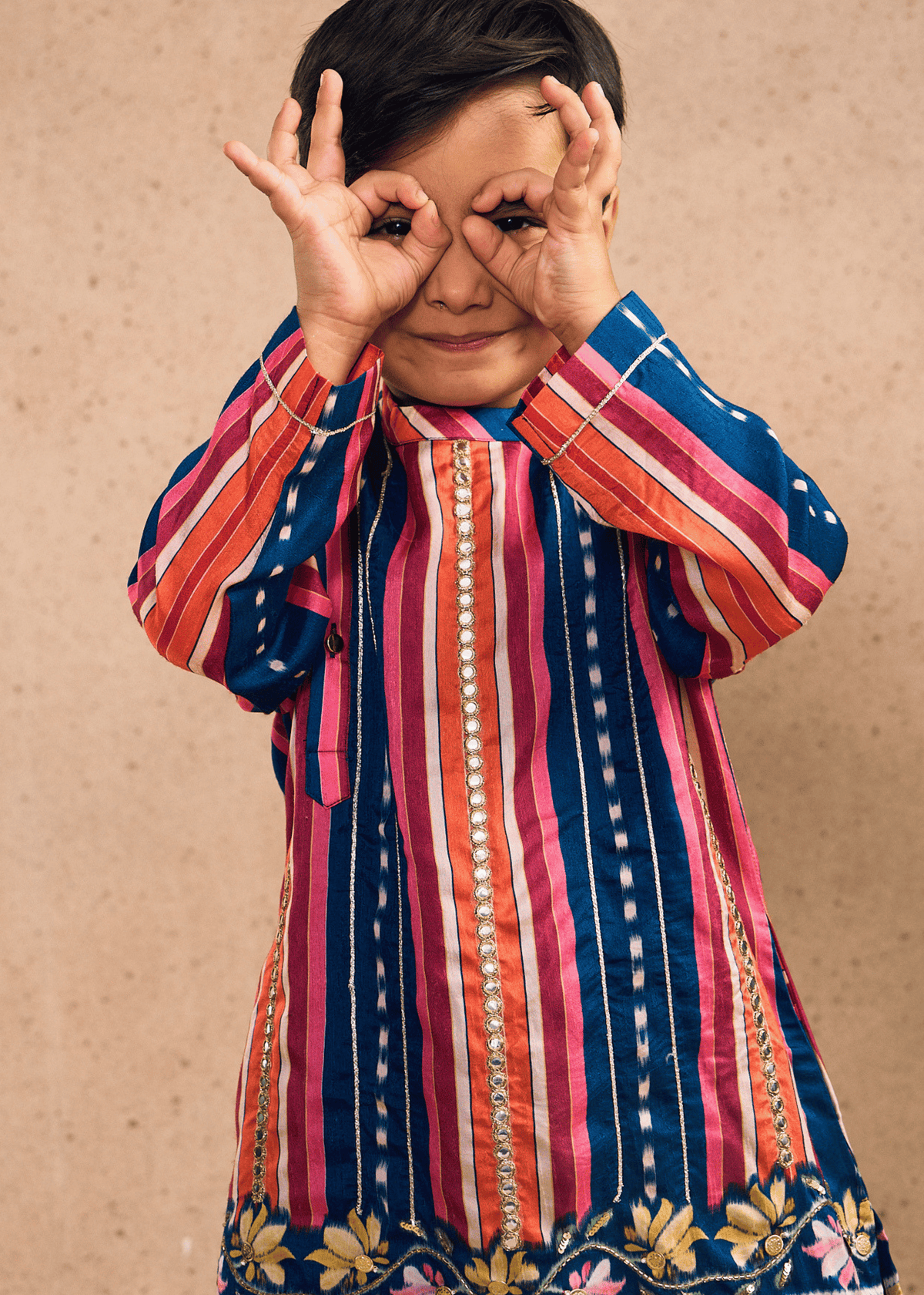 Dalia Navy Stripe Boys Embellished Kurta Coord & Bundi (Set of 3 pcs)