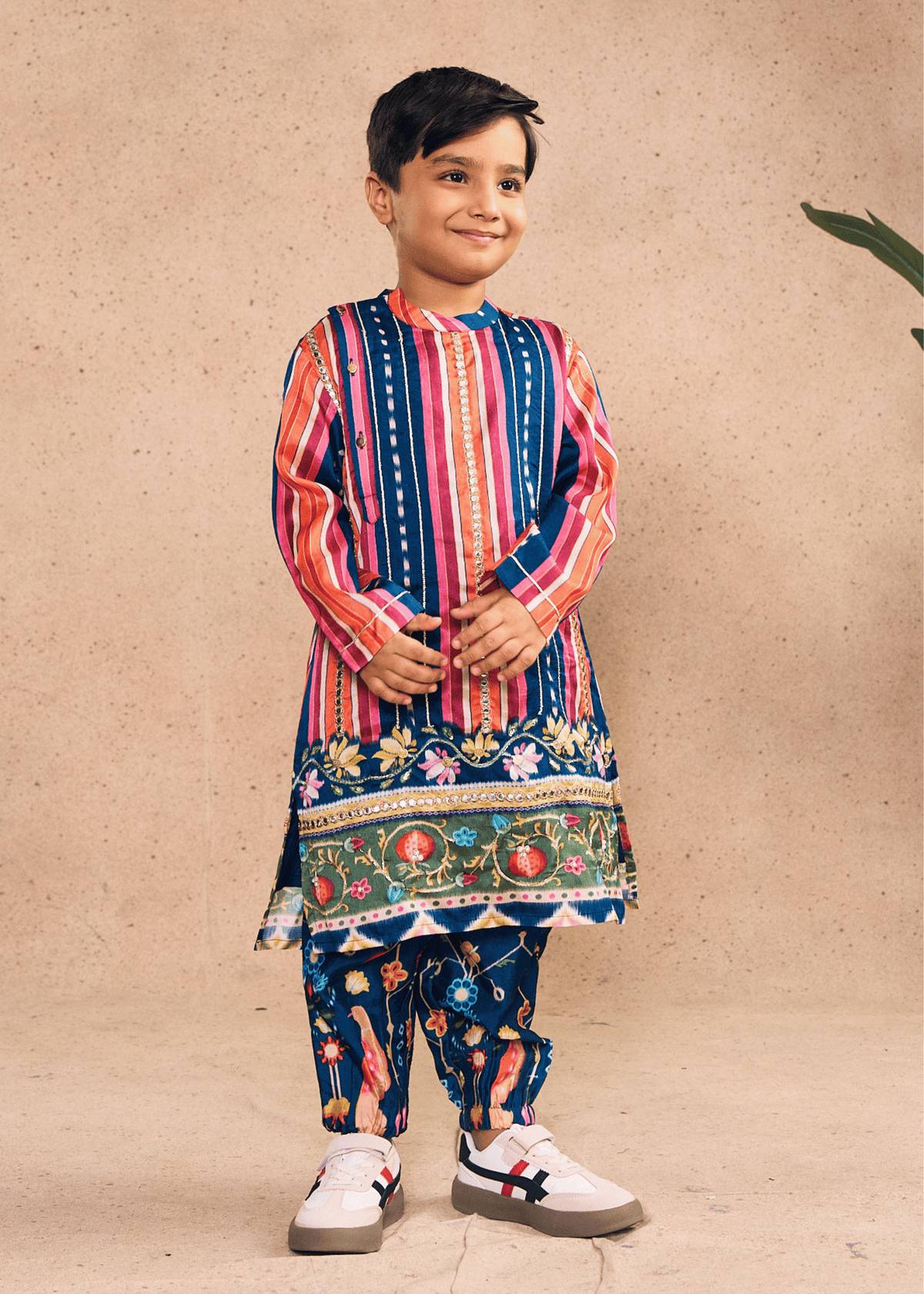 Dalia Navy Stripe Boys Embellished Kurta Coord & Bundi (Set of 3 pcs)
