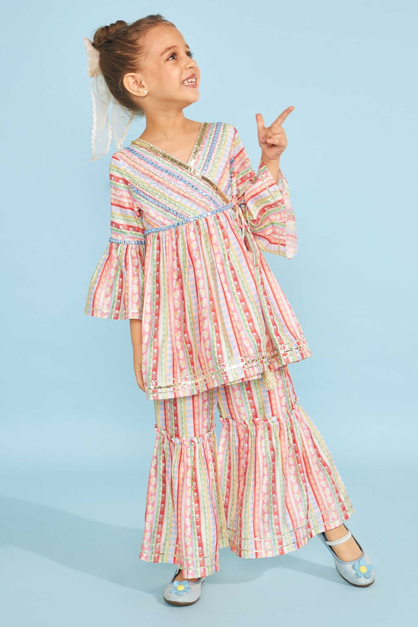 Candy Stripe Girls  Embellished Wrap Top & Flared Trouser Coord (2 Pc Set)