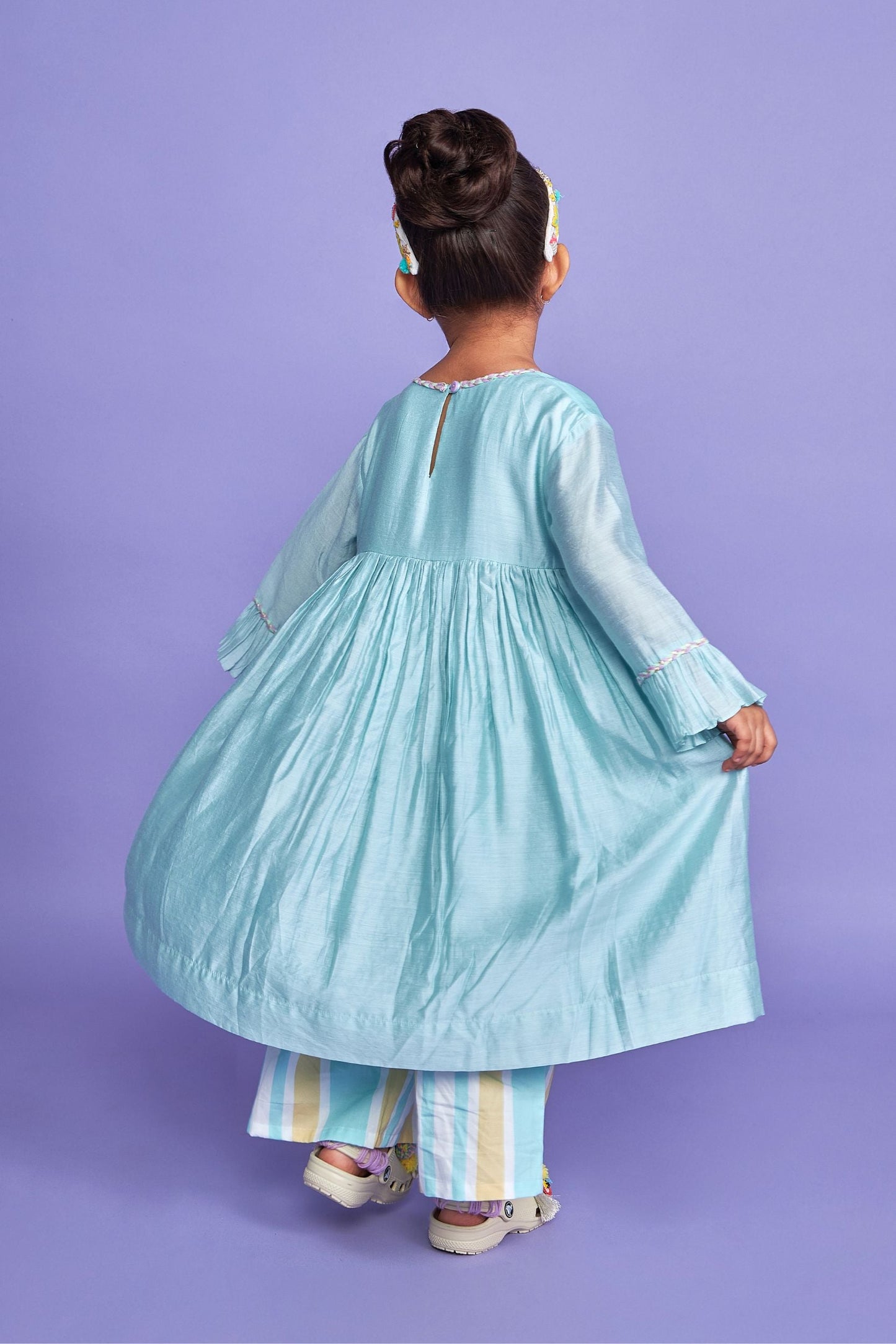 Sparrow Blue Hand Embroidered Cotton/Silk Kids Dress Co-ord Set - Joey & Pooh