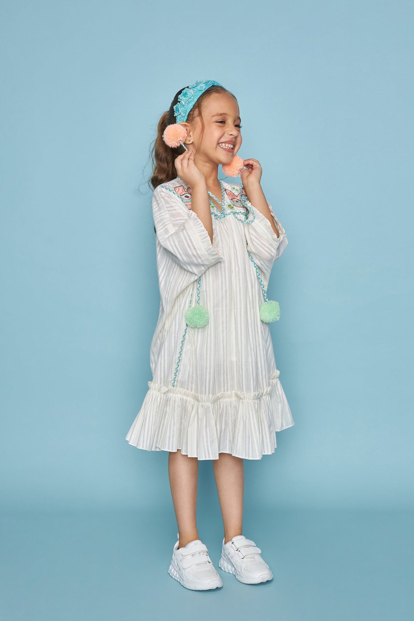 Off White Blooma  Birdie Kids Hand Embellished Pompom Dress - Joey & Pooh